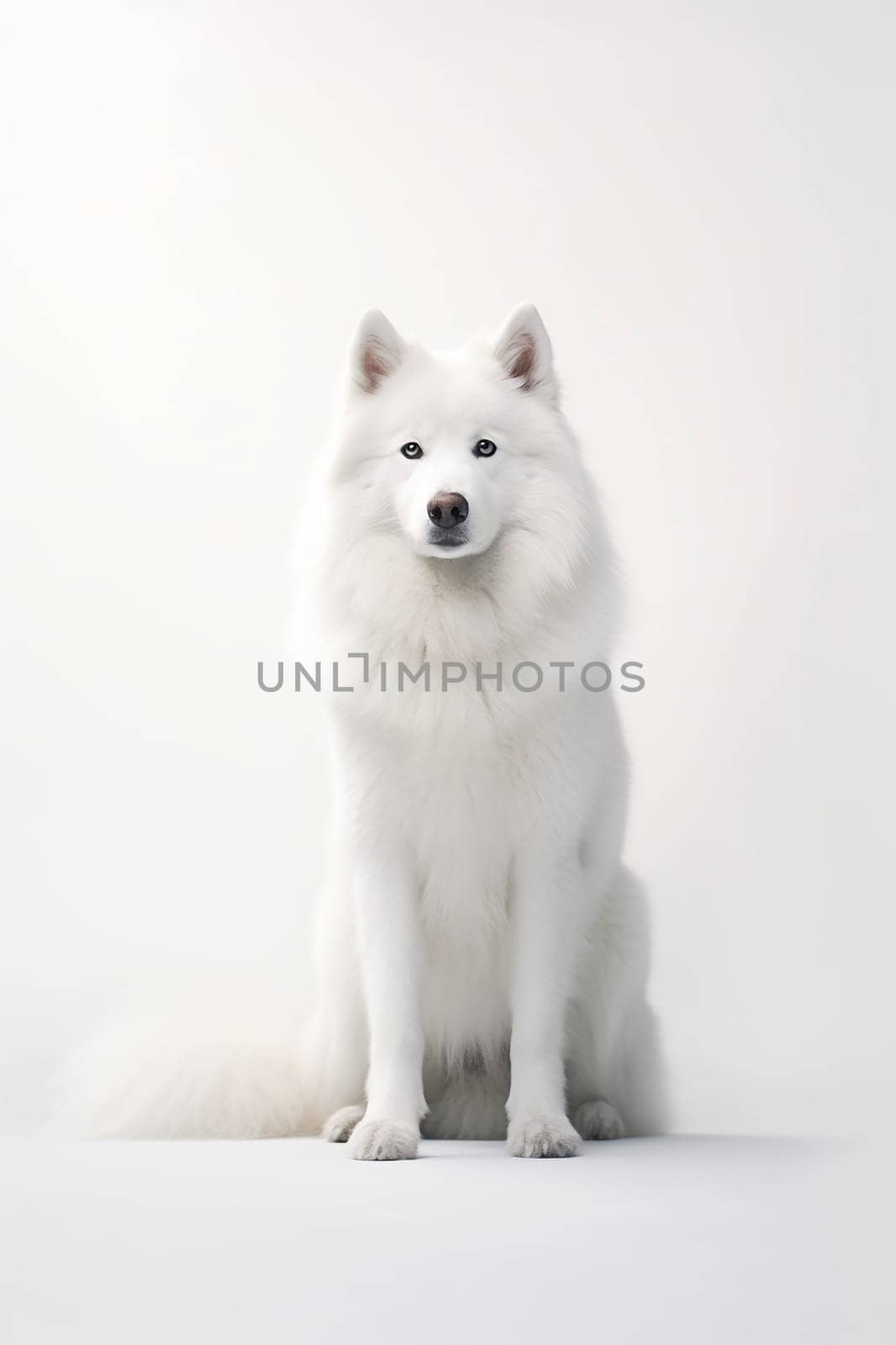 A wild adult artic wolf, whitewolf on a white neutral background
