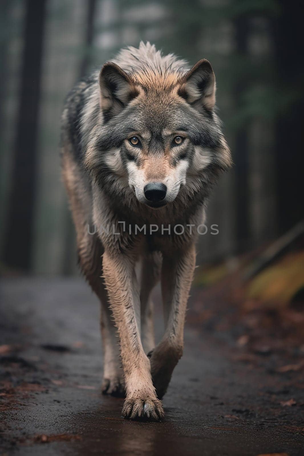 A wild wolf walking on a forest