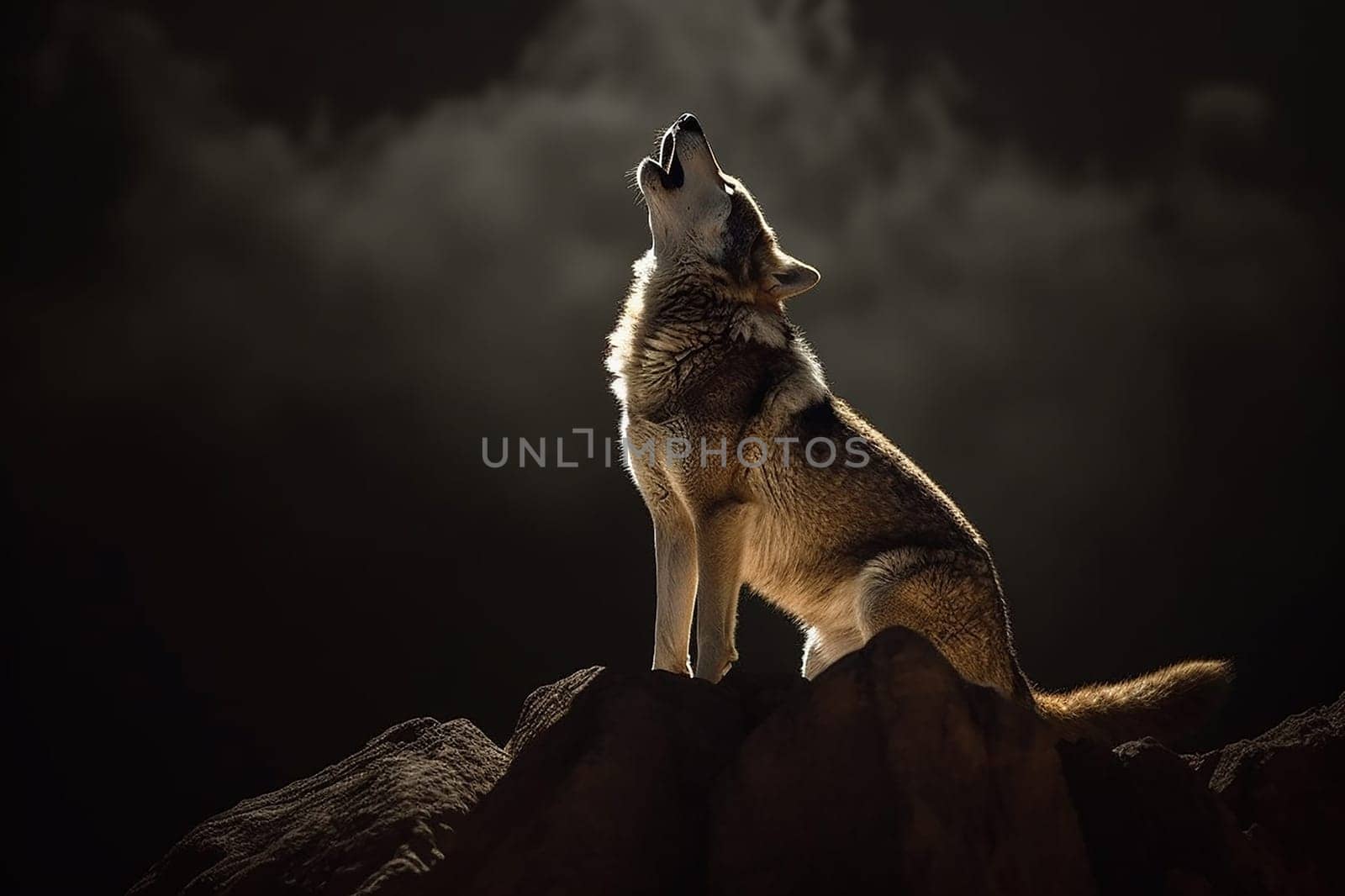 A wild wolf howling at night