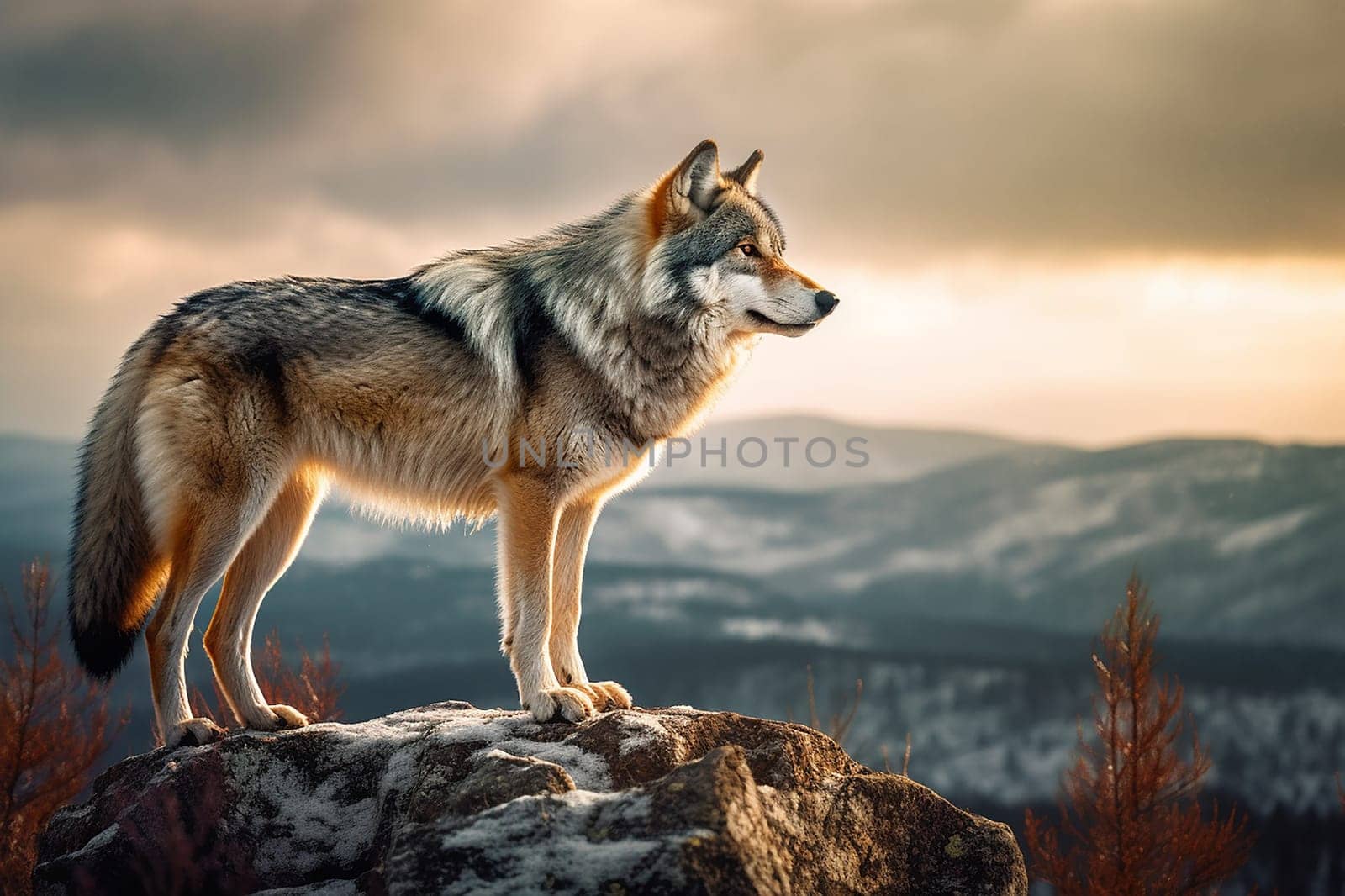 A wild wolf on a clif, sunrise