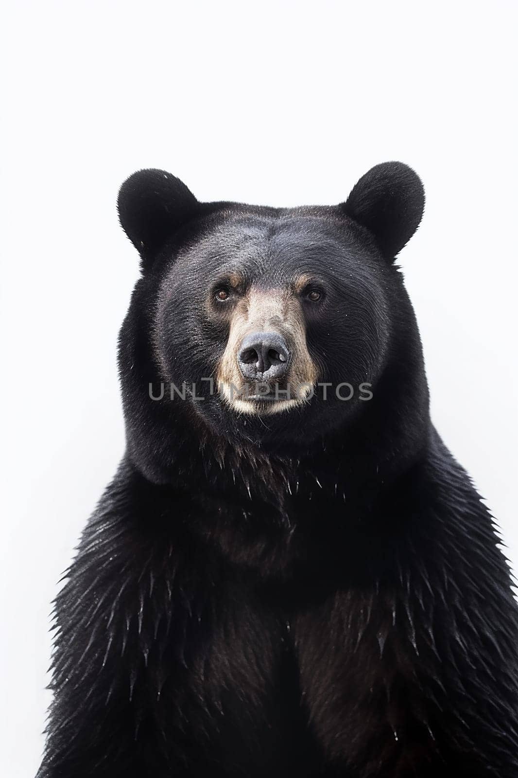 A photo of an american black bear looking at the camera with white background, wild animal photo