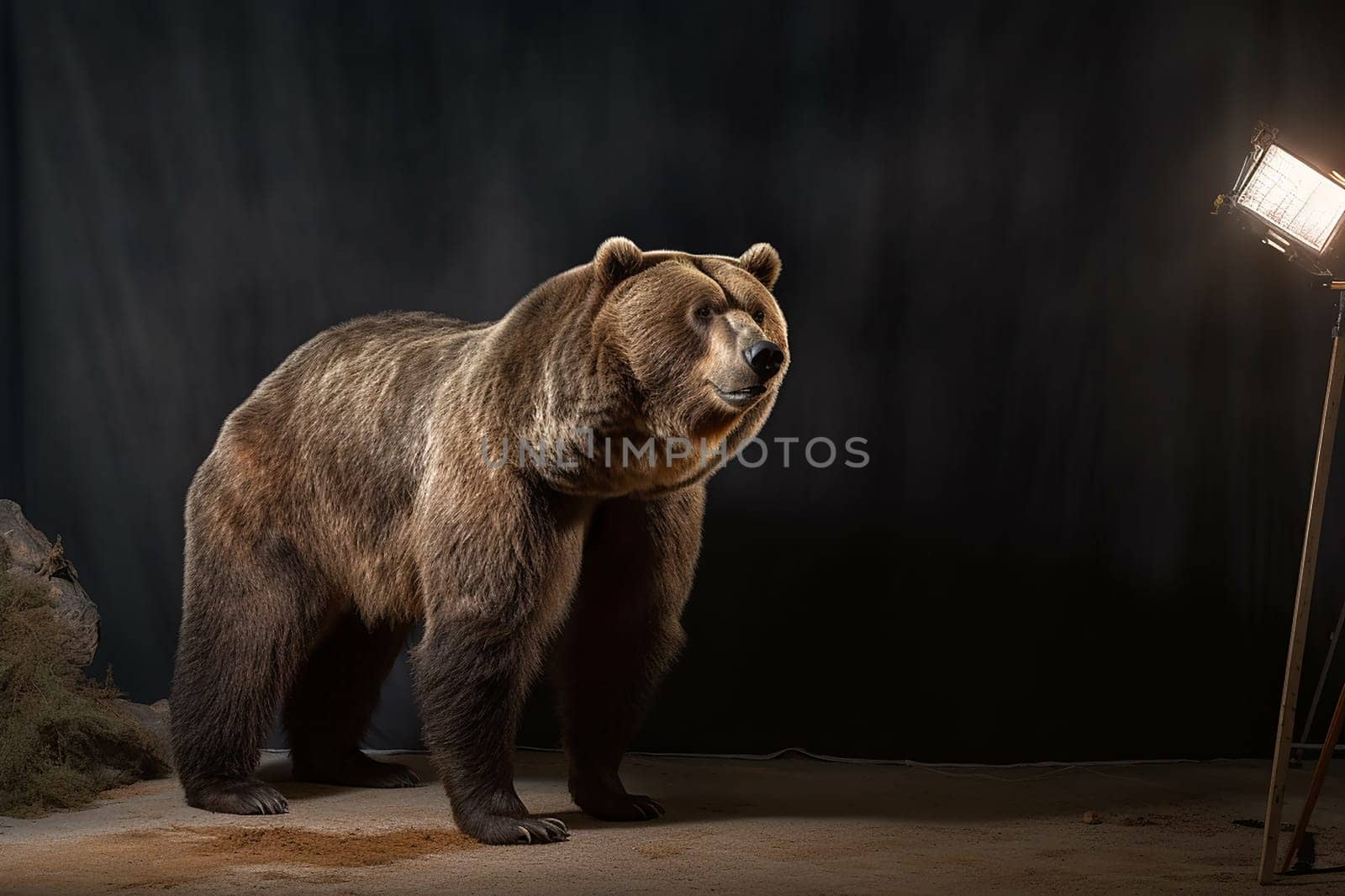 A photo of a brown bear on a filming stage, black background