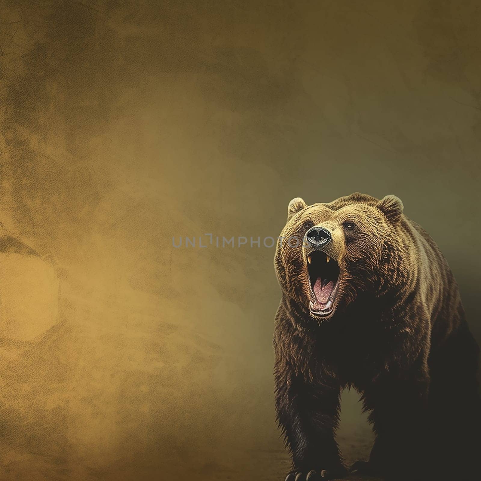 A photo of an aggressive brown bear roaring showing teeth, wild animal, brown background