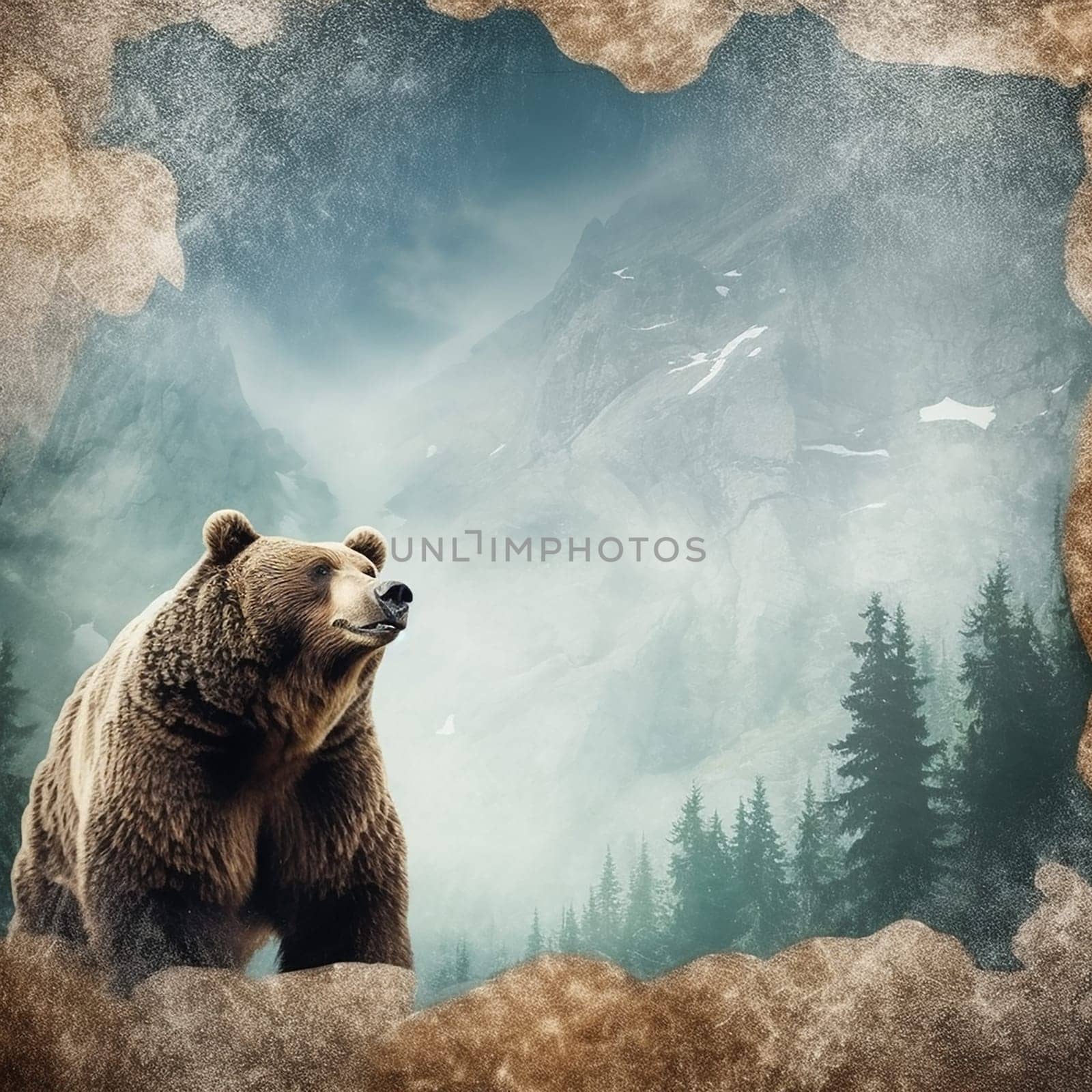 A brown adult bear on a wallpaper with tree of a forest in background, rusty background, brown tone