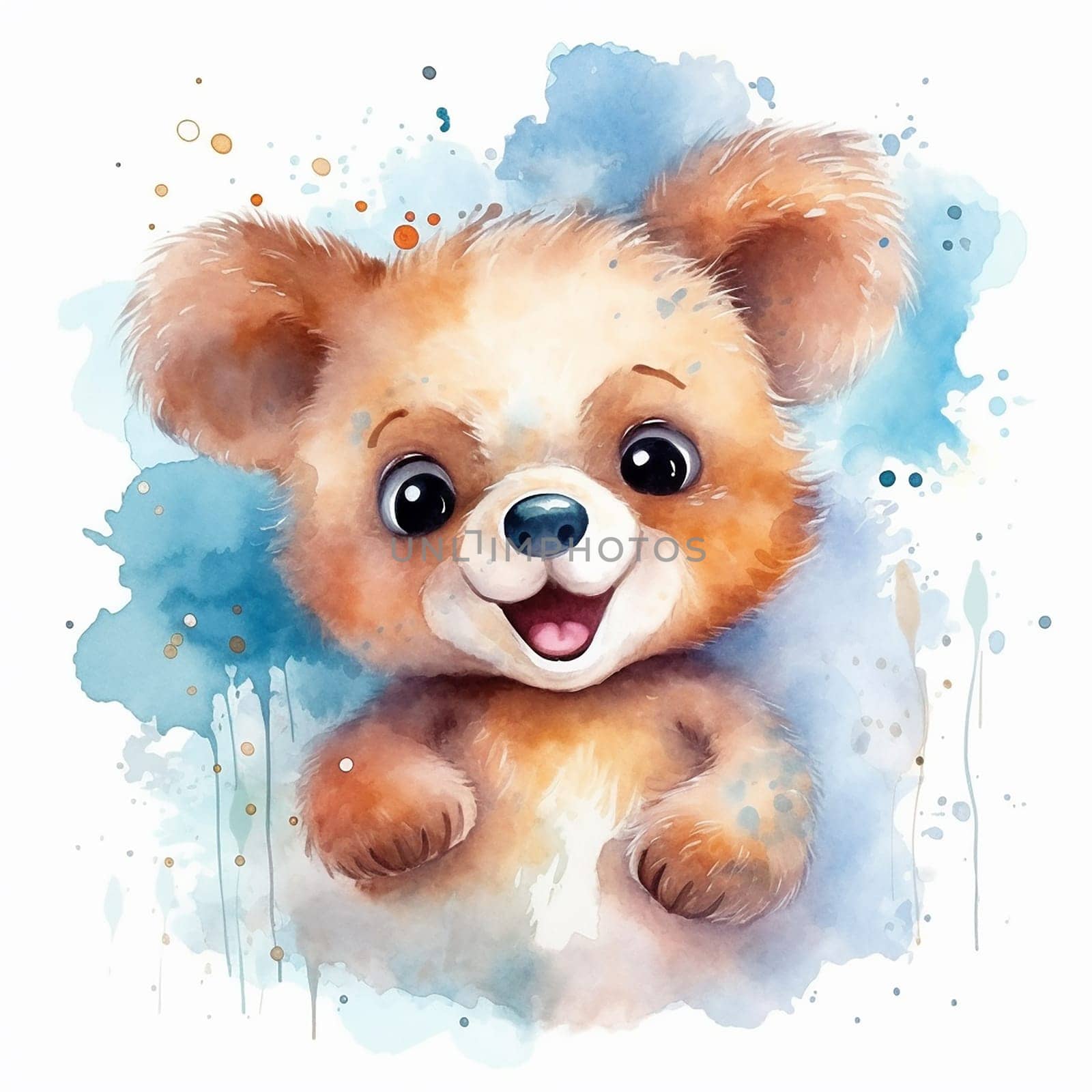 A watercolor painting of a cub brown bear, funny and adorable wallpaper, white background