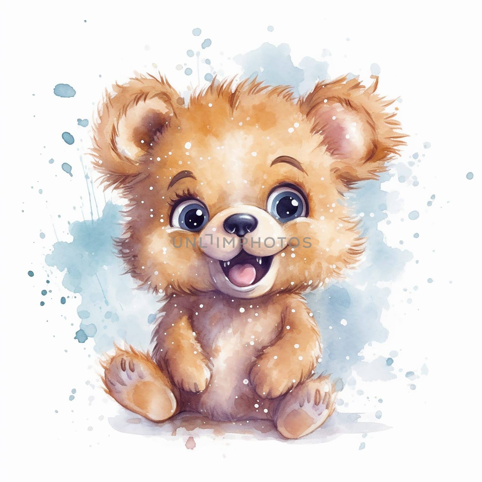 A watercolor painting of a cub brown bear, funny and adorable wallpaper, white background