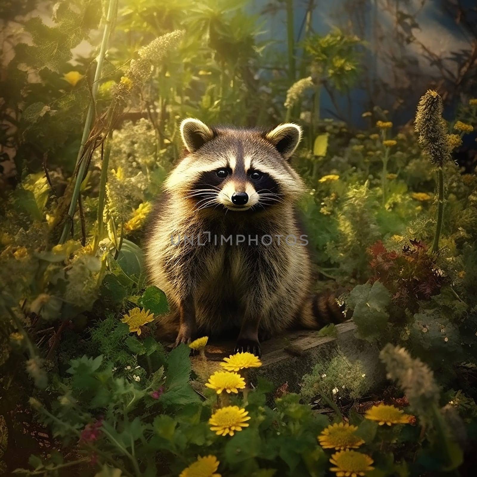 A cute adorable funny and furry wild young raccoon looking at the camera on a field of yellow flower