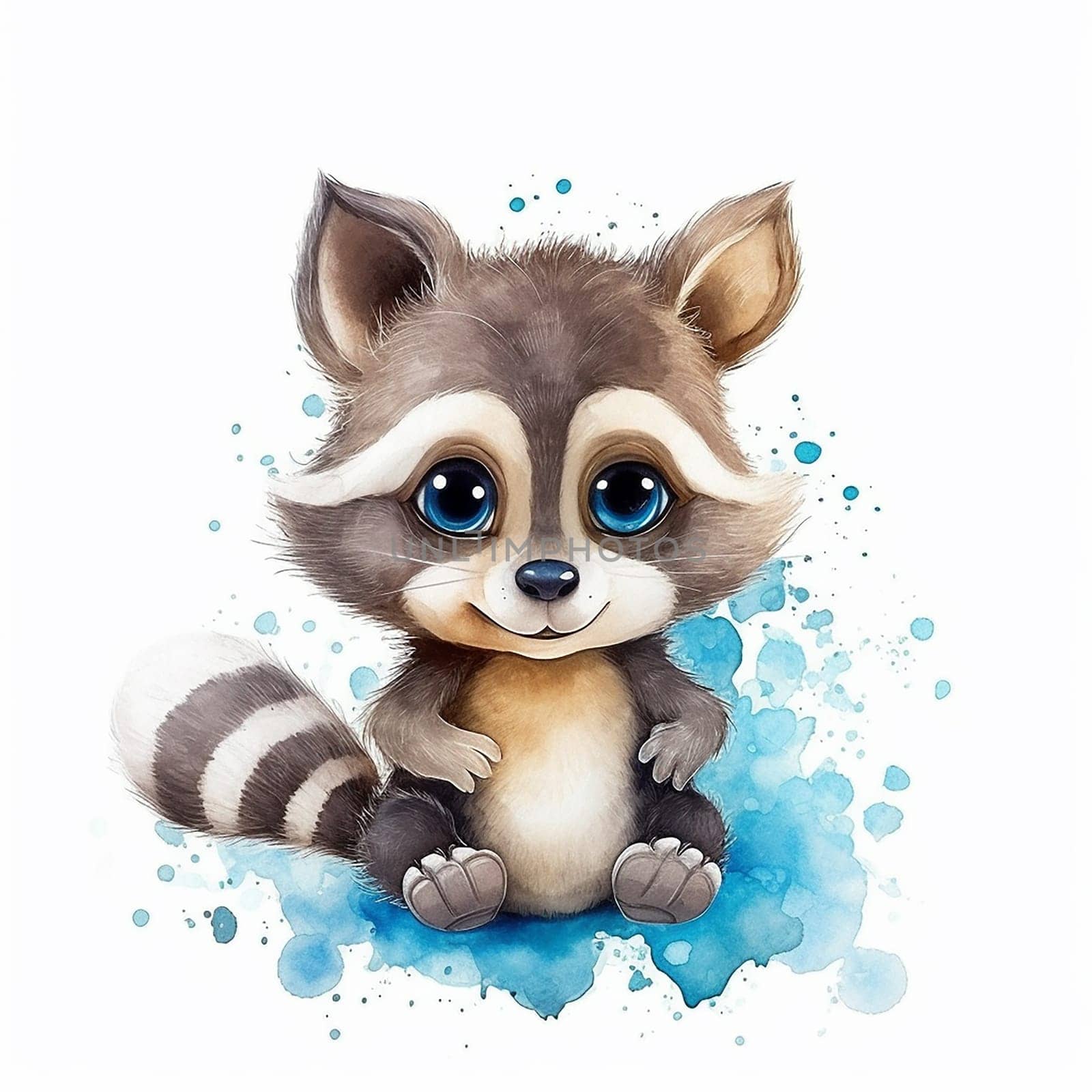 A cute adorable and funny watercolor of a raccoon, raccoon painting, white background