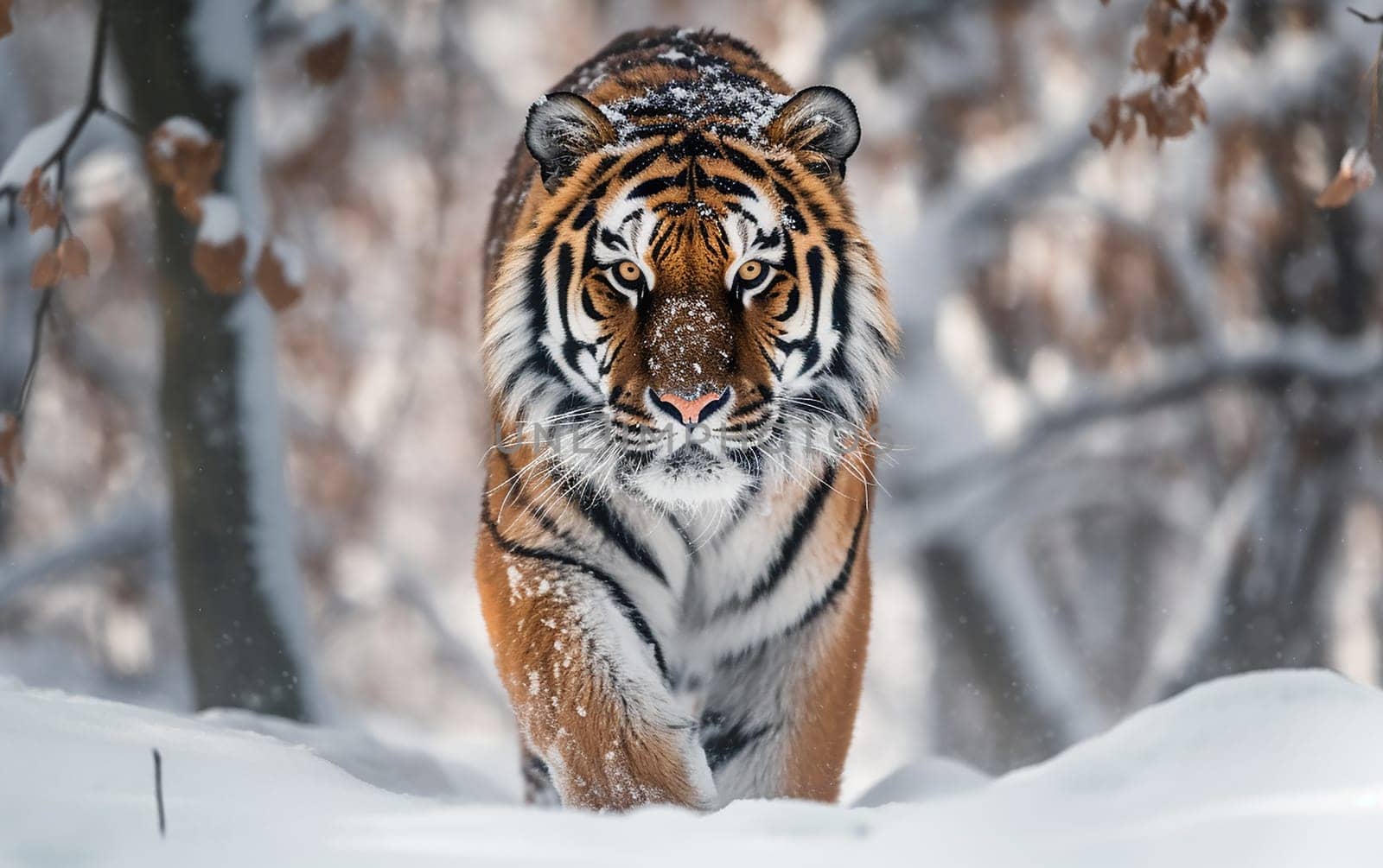 A wild tiger walking on snow, winter theme