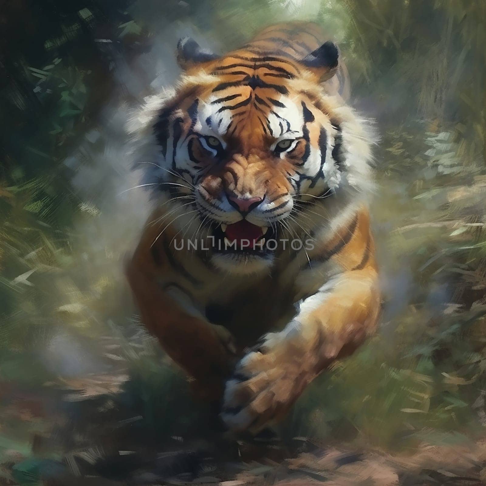 A paint wild tiger running, hunting, dynamic photo