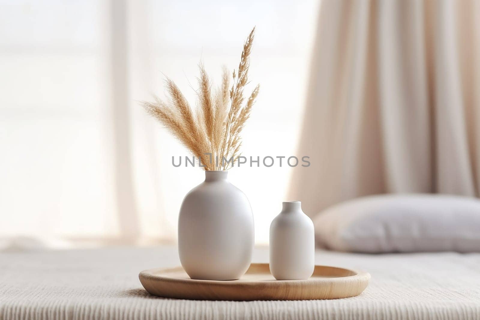 A white clean vase with dried flowers, beauty concept photo airy room background