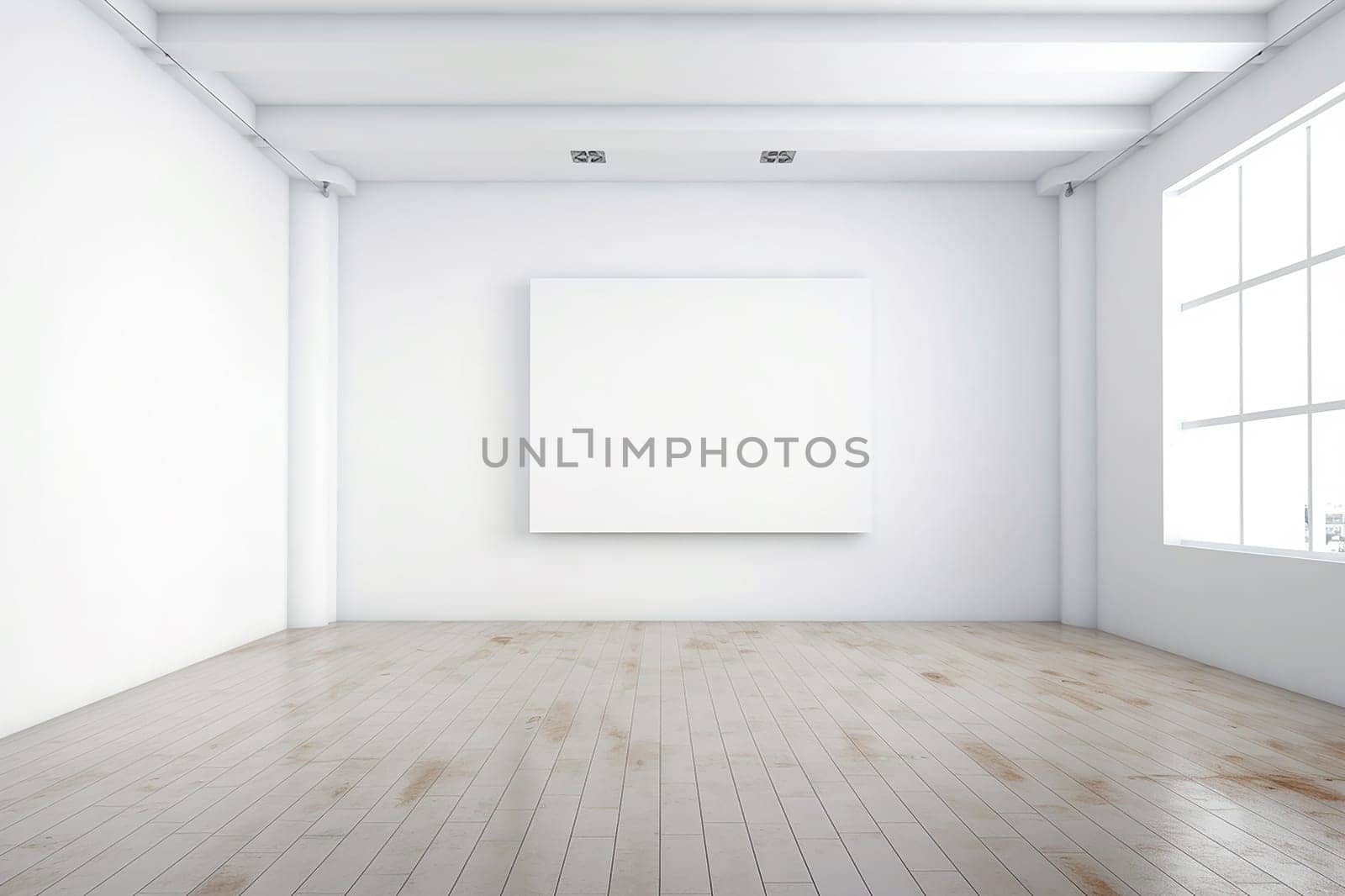 A mock up frame in a minimalist Art Gallery Interior with Blank Canvas