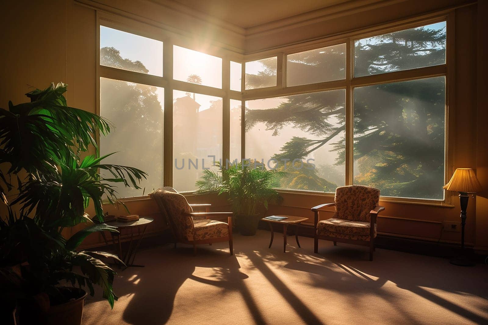 Cozy living room bathed in warm sunlight with comfortable furniture and large windows overlooking a serene natural landscape.