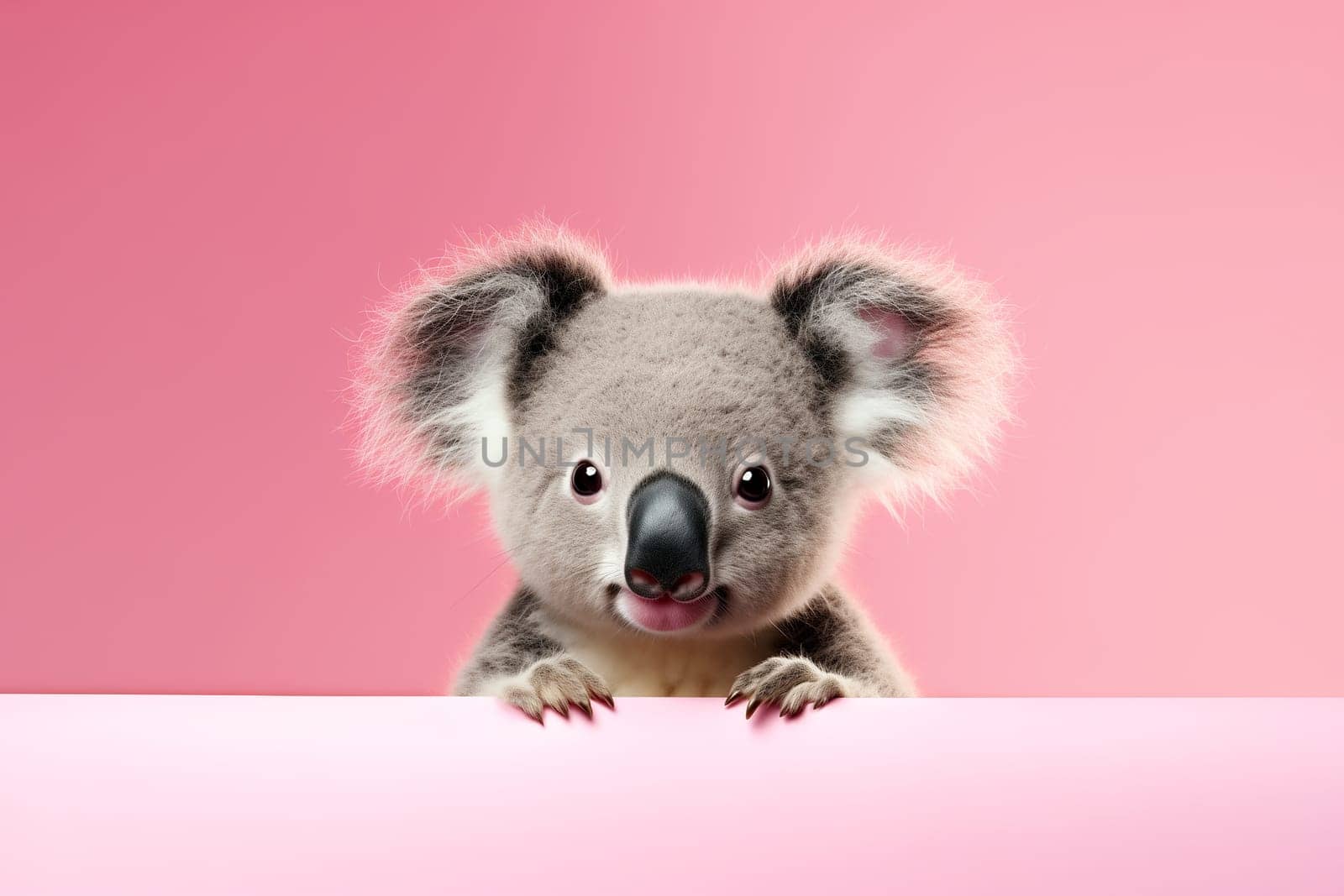 Funny koala isolated on light pink background. Concept of funny animals from zoo or safari. Banner with koala and copy space by esvetleishaya