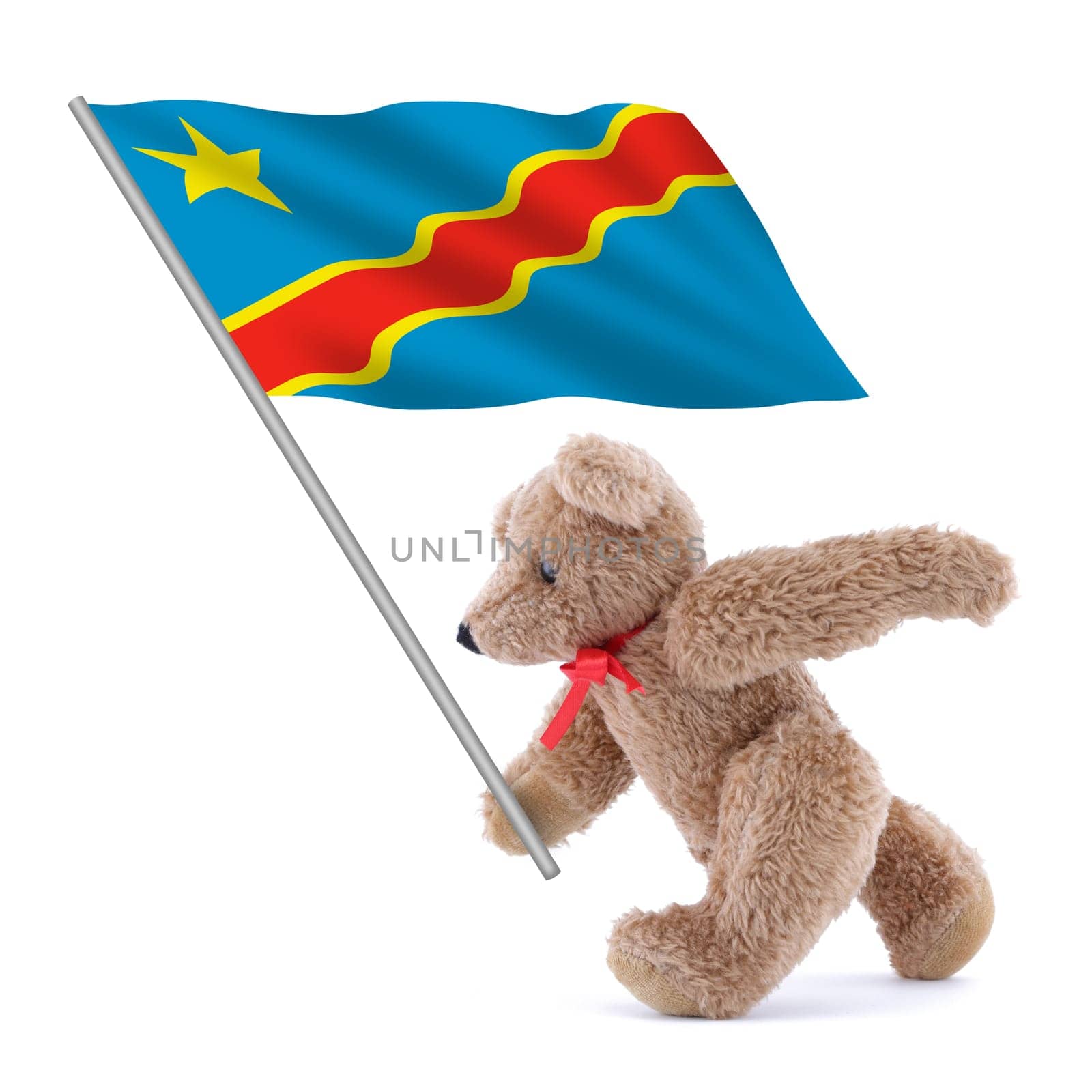 A Democratic Republic of Congo flag being carried by a cute teddy bear