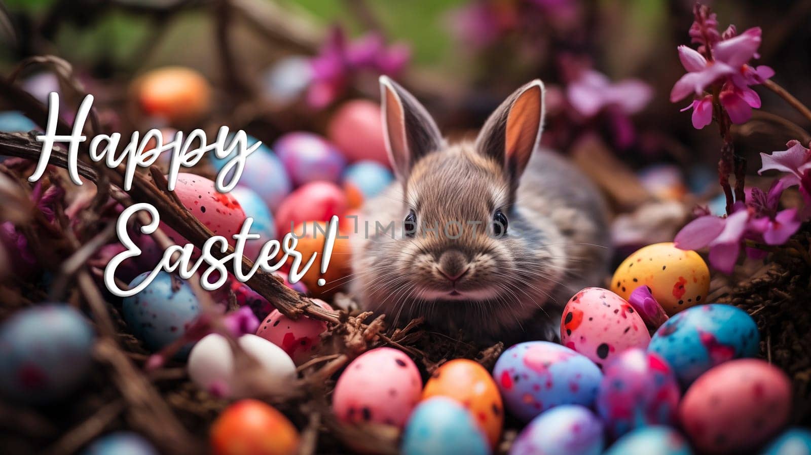 Postcard 'Happy Easter' with Text. Cute Little Gray Bunny Sitting in Flowers Among Colorful Easter Quail Eggs. Greeting Postal Card, Background. Horizontal, Pascha or Resurrection Sunday. AI Generated