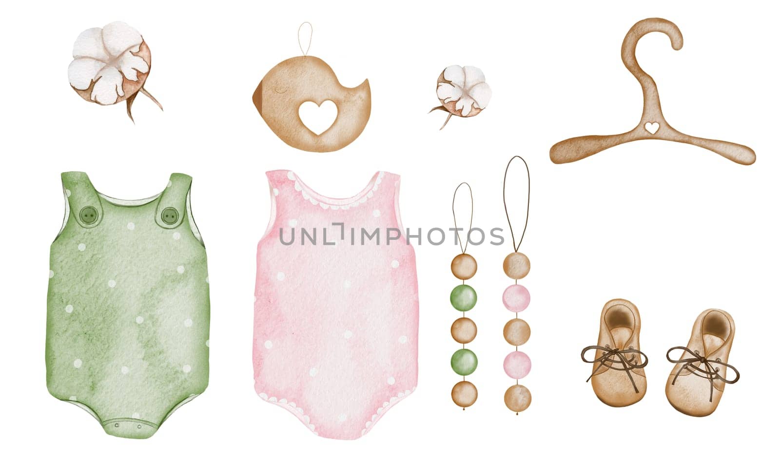 Watercolor set of cute baby items in boho style. Bodysuits and boots, wooden rattles, cotton flowers, a wooden bird and a hanger. Drawings on a white background isolate for the design of cards, banners and invitations for baby shower and the birth of a child. High quality photo