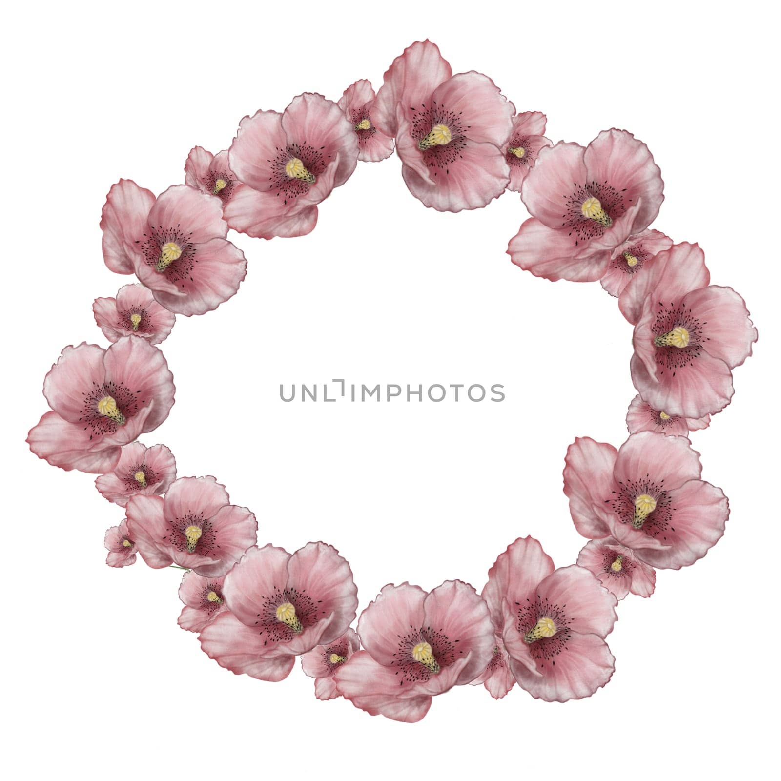Watercolor drawing round frame of pink poppy flowers. Isolate on a white background a beautiful wreath for the design of invitations, cards, tags. by TatyanaTrushcheleva