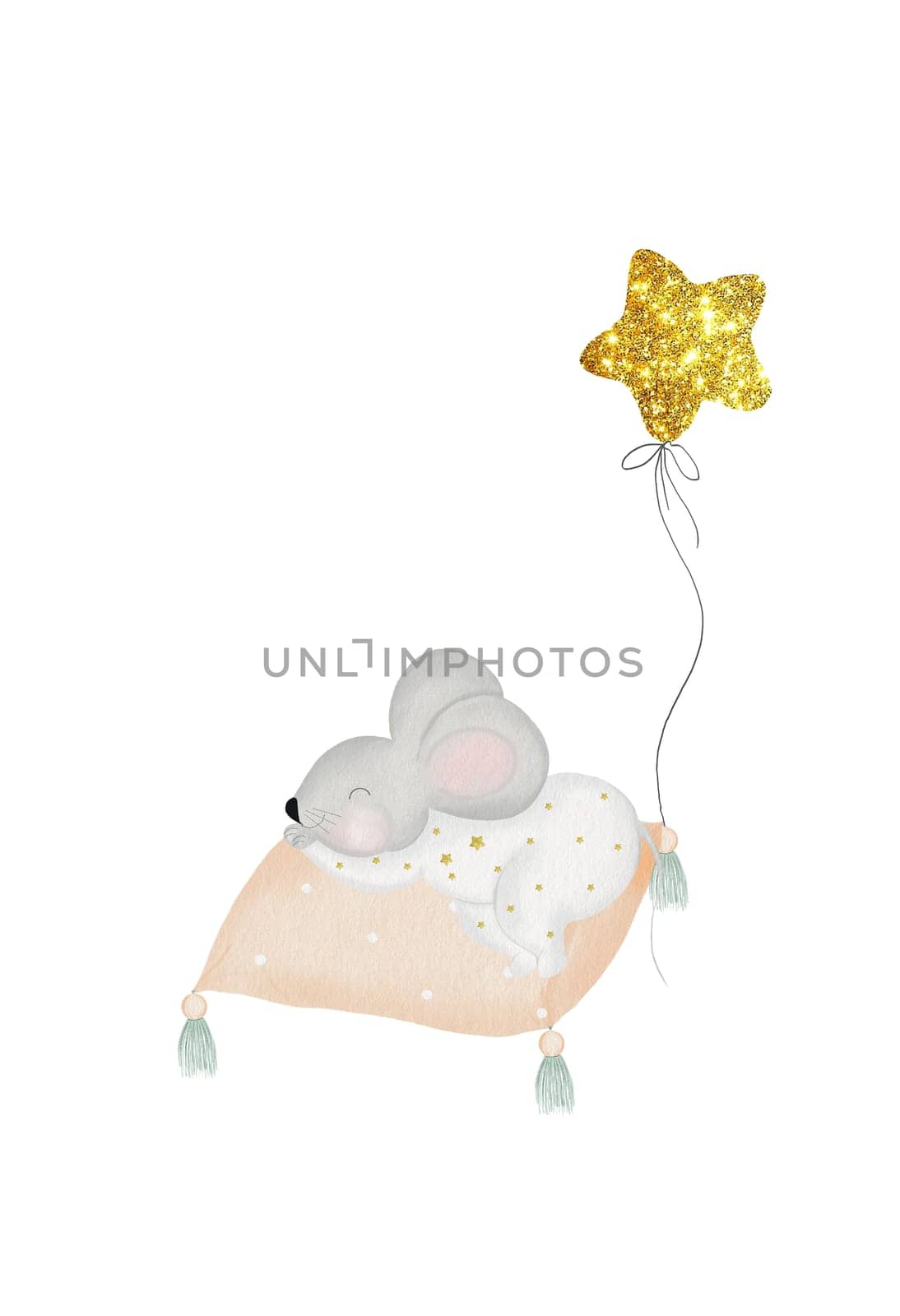 Watercolor cute postcard template drawing of a little mouse sleeping on a pillow with a star balloon. Delicate illustration in pastel colors for baby shower cards and posters in the children's room. cozy illustration.