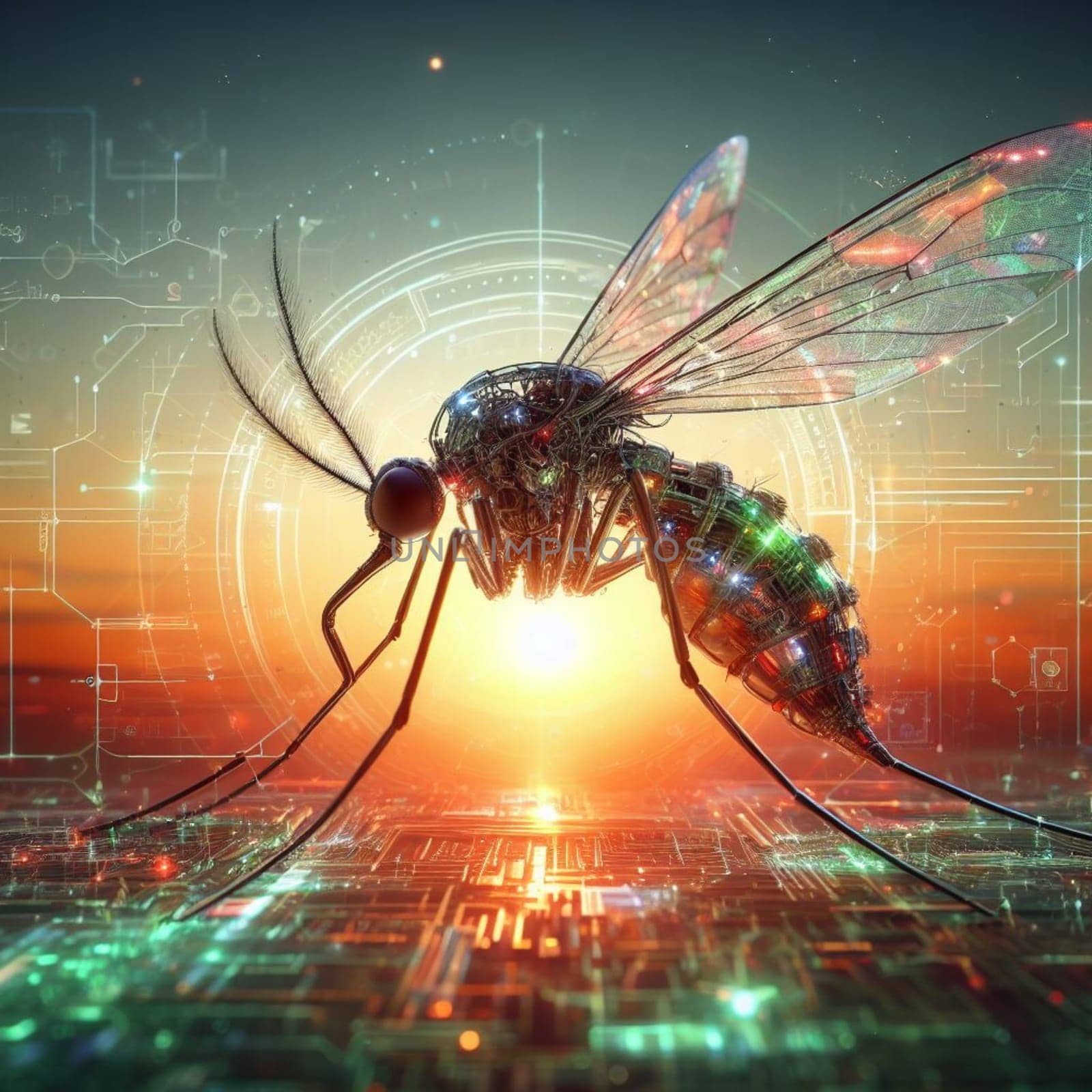 genetically modified macro closeup of nano robot engineered weapon mosquito in action concept design depopulation evil plan generative ai art