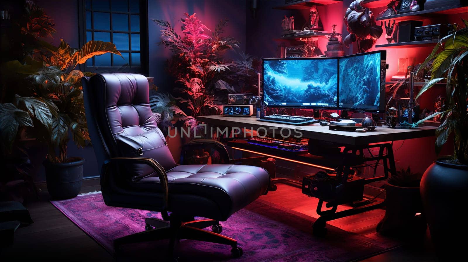 Armchair and working computers in room with red violet lighting. Interior design concept. AI generated