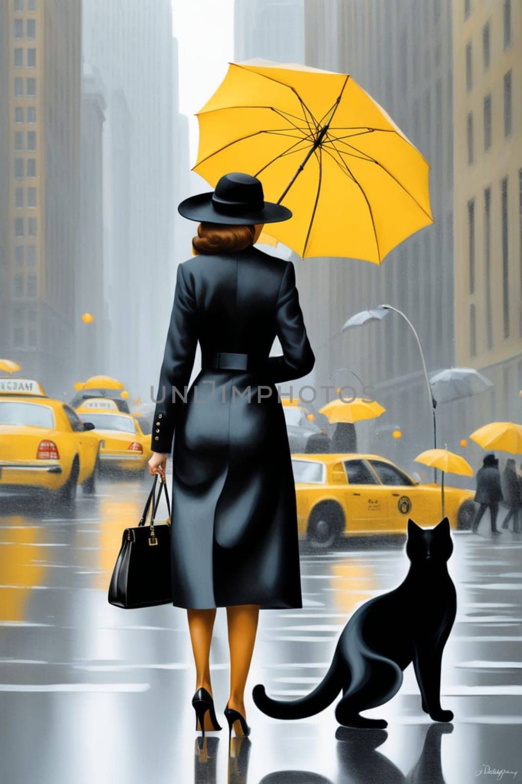 Vibrant curvy classy lady, wear black winter coat high heels,rain, walk New york city taxis, big cat by verbano