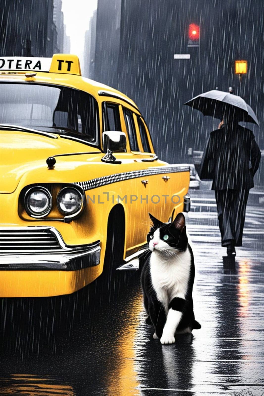 Vibrant classy lady, wearing black winter coat and high heels, umbrella hat, walking with a adult black feline, 5th avenue, manhattan, stormy, raining season, 3d render, illustration, ai art generated