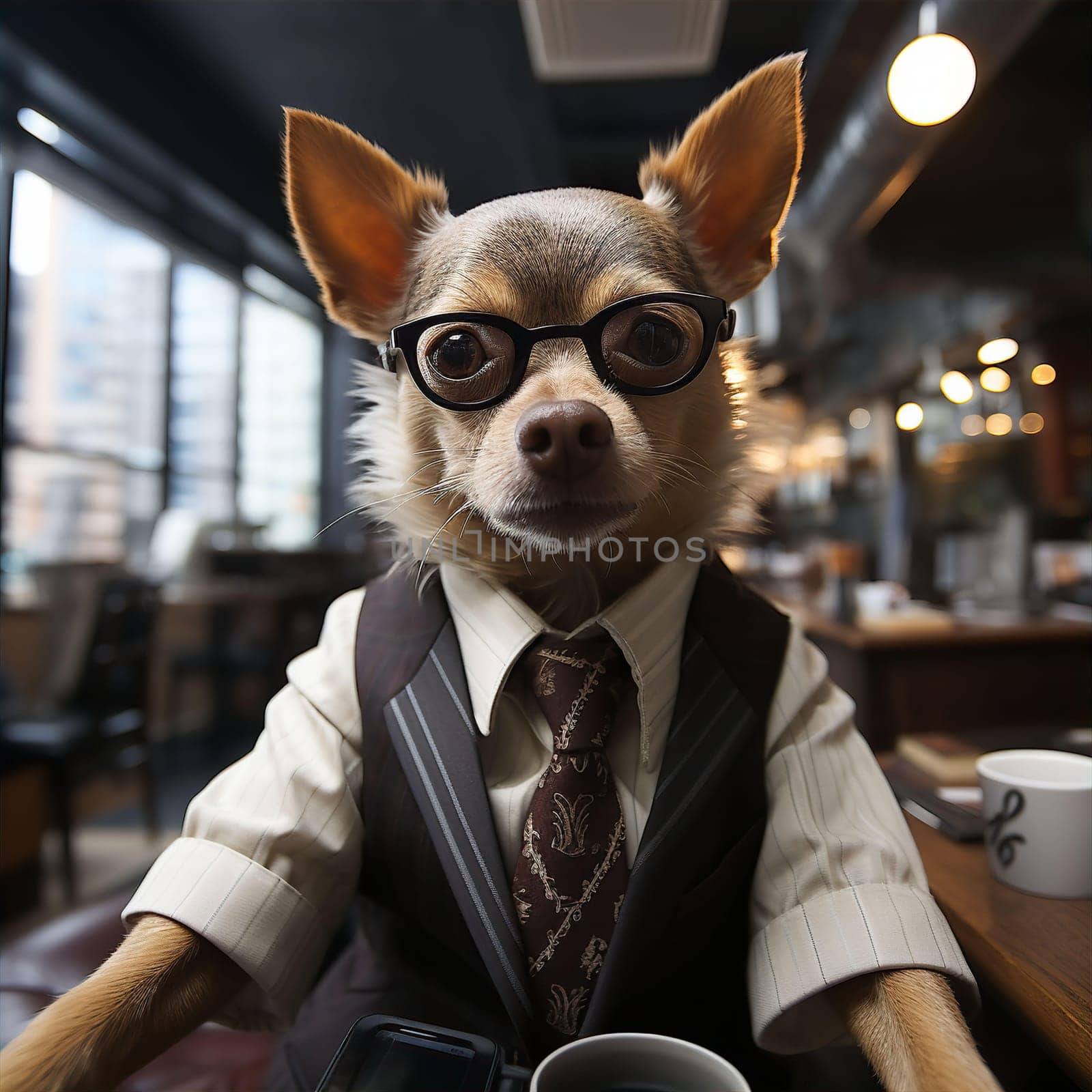 Beautiful elegant dog in business suit with tie in cafe. Animals like people concept. AI generated
