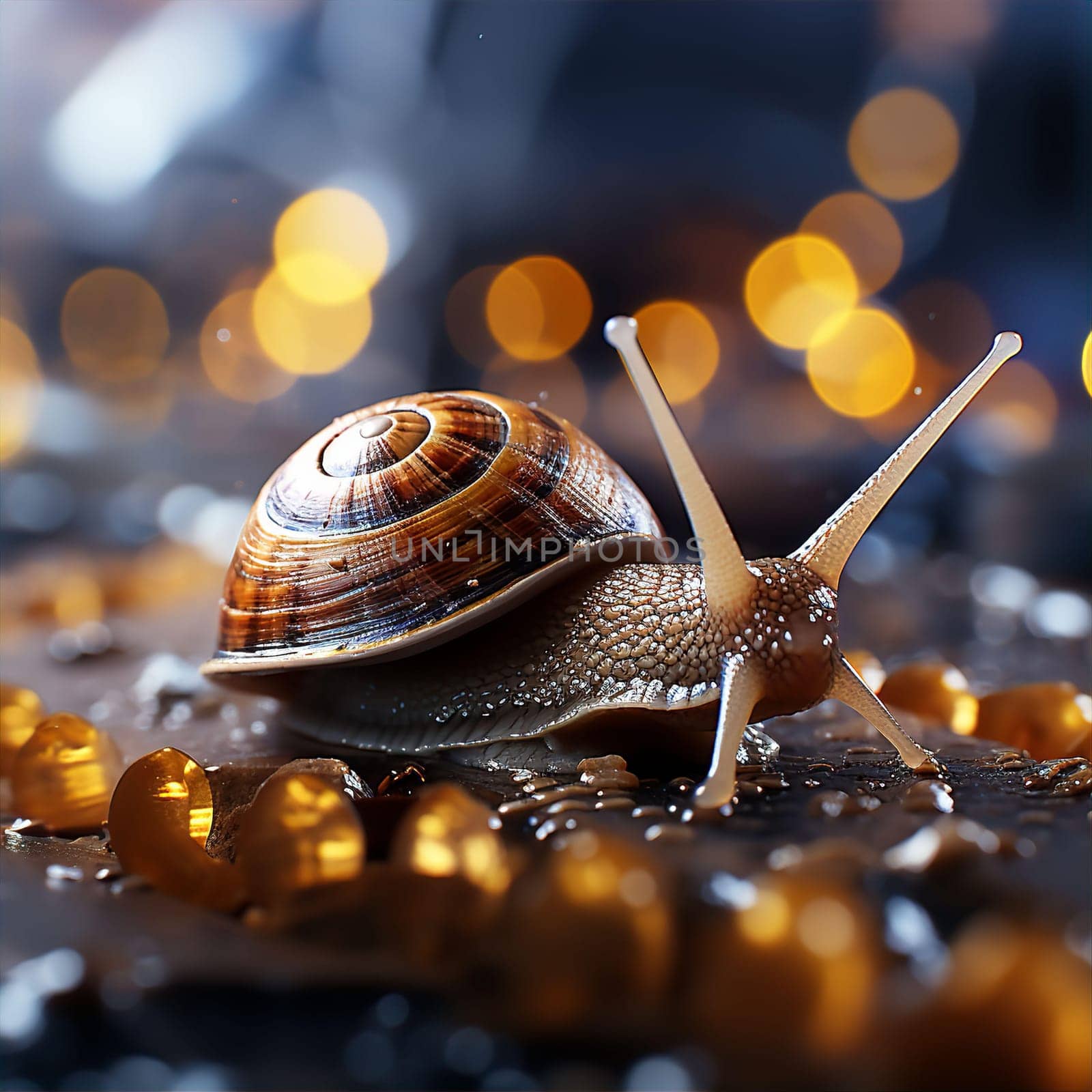 Snail with shell on road in city at night by kuprevich