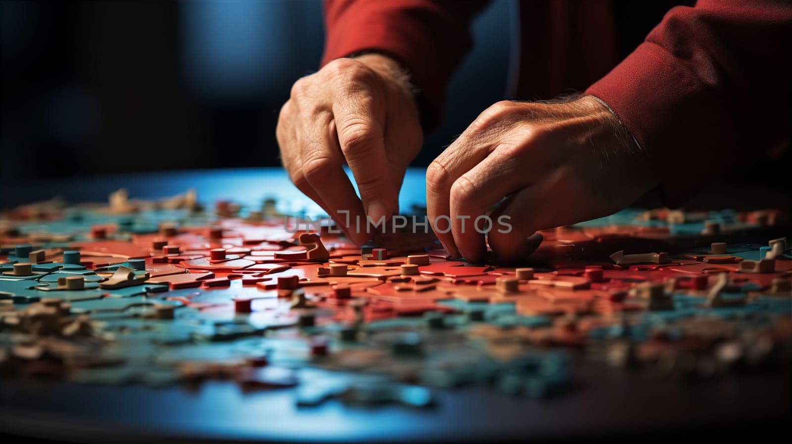 Hands folding puzzle at table and putting last piece closeup. Planning and organizing business concept. AI generated