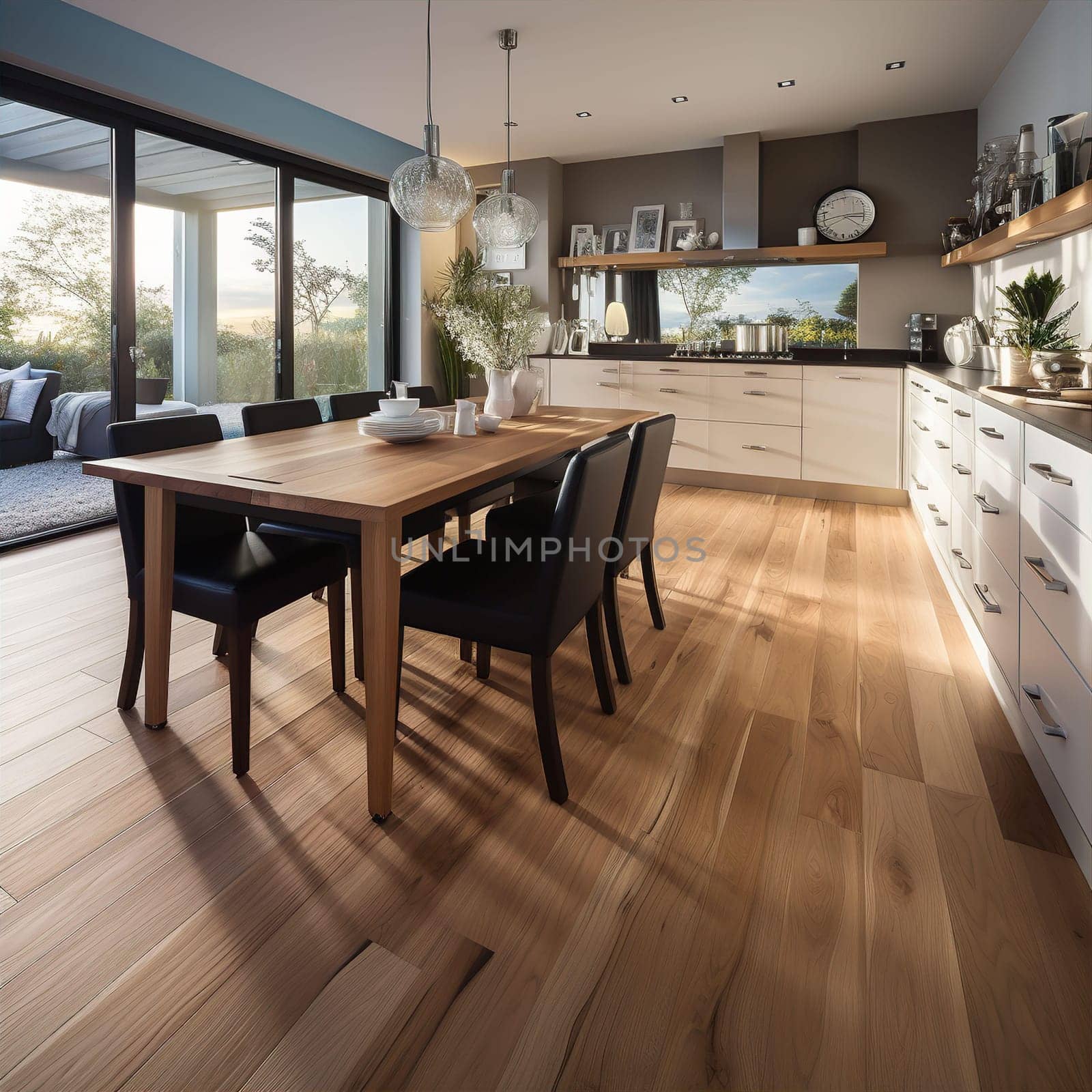 Table with chairs in stylish beautiful kitchen at home. Interior design concept. AI generated