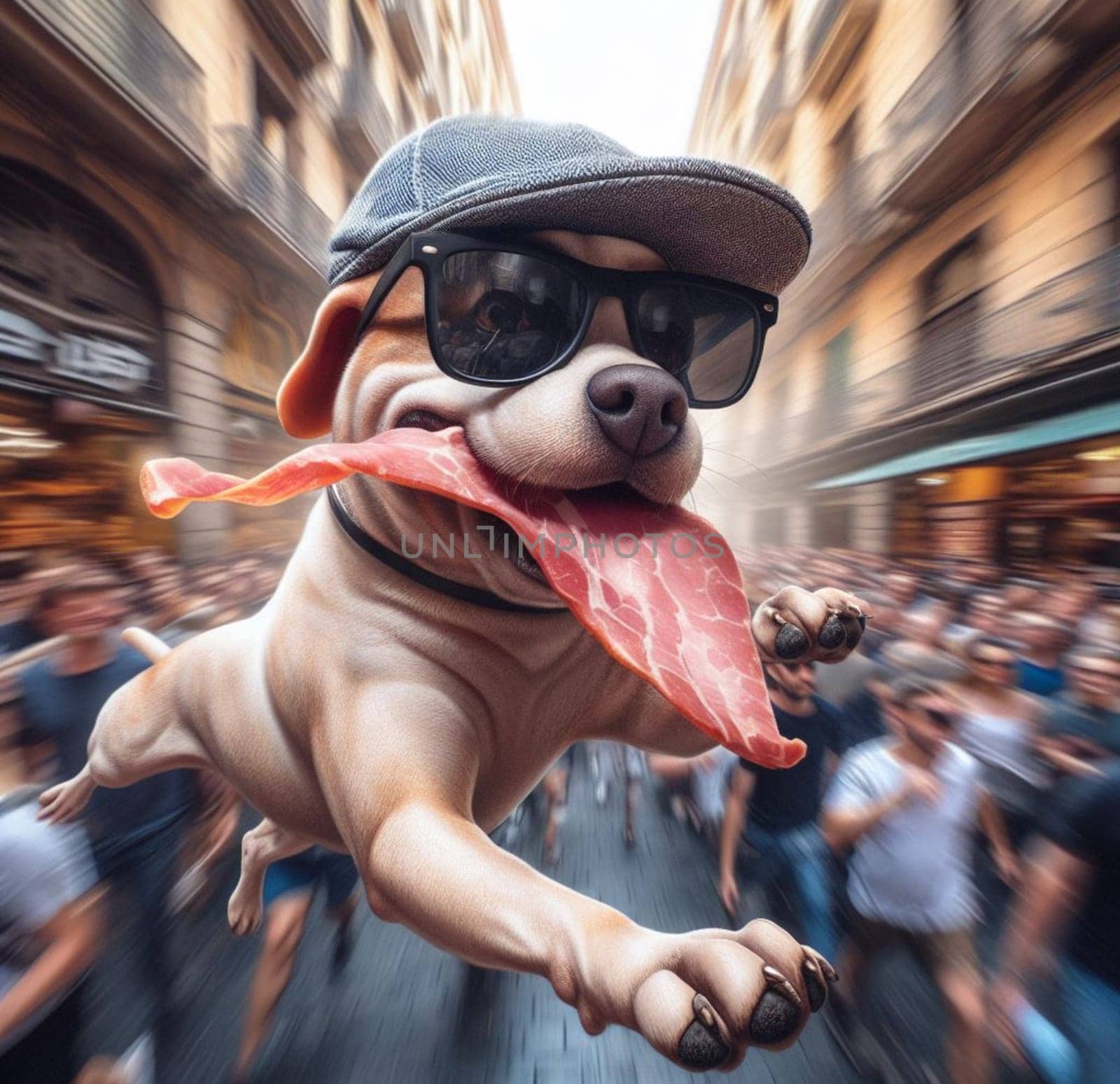 wise mixed breed dog thieve wear cap sunglass escape skateboard street market stolen meat steak by verbano