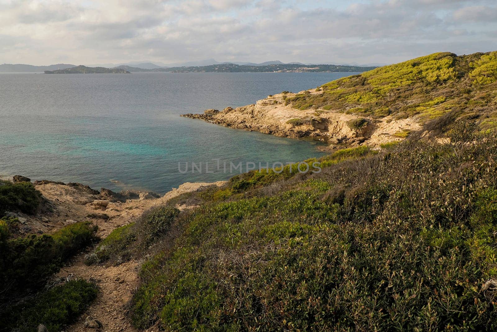 Langoustier red beach in porquerolles island france, panorama landscape
