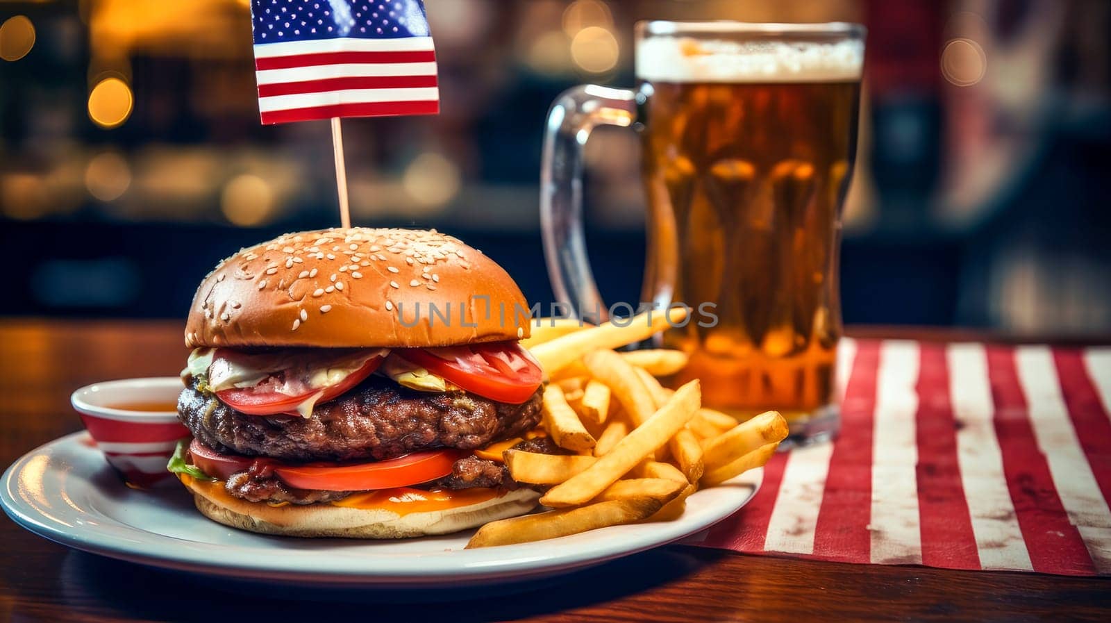 A large, delicious burger on a plate, fries and a drink in a patriotic cafe, against the backdrop American flag. American President's Day, USA Independence Day, American flag colors background, February holiday, stars and stripes, red and blue 4 July