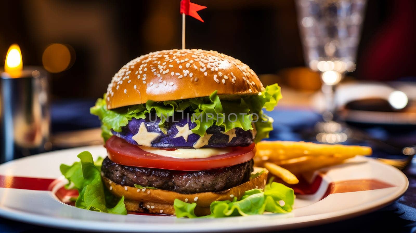 A big, tasty burger on a plate in a patriotic cafe, with an American flag in the background, not healthy food. by Alla_Yurtayeva