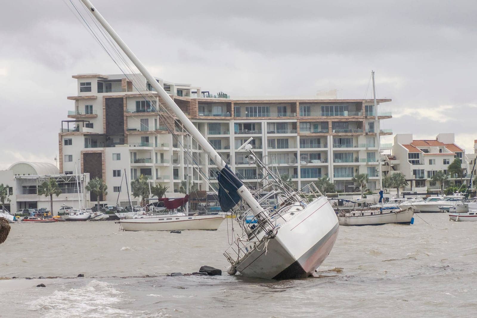 Many yacht stranded on the malecon of La Paz after the passage of Hurricane Norma on October 2023 Baja California Sur