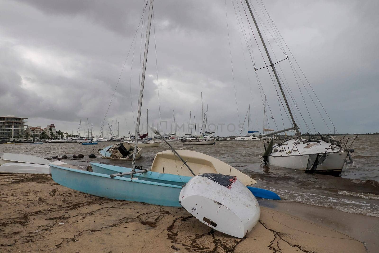 Many yacht stranded on the malecon of La Paz after the passage of Hurricane Norma on October 2023 Baja California Sur