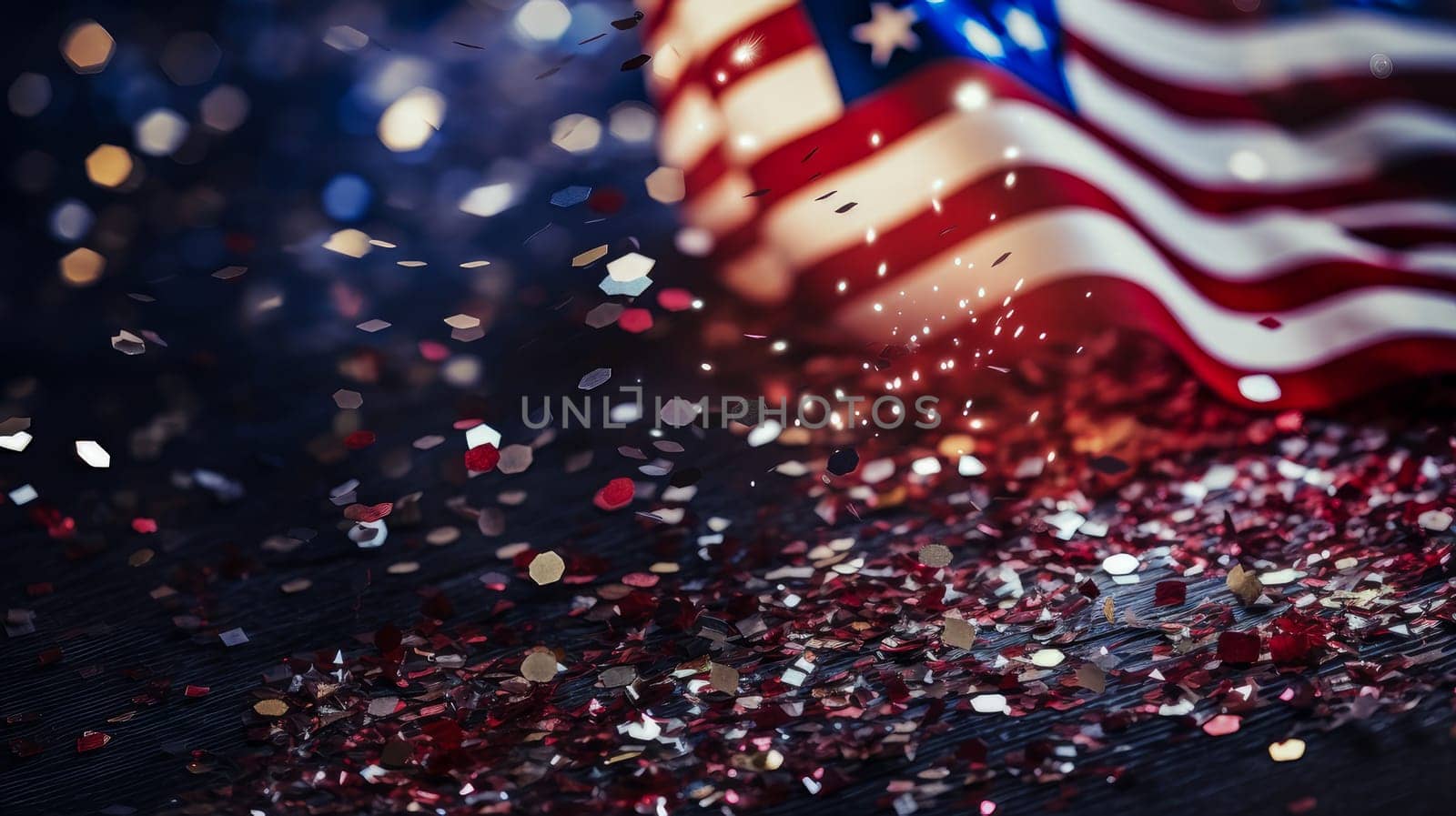 Festive salute, fireworks against the background of the flag of the United States of America. American President's Day, USA Independence Day, American flag colors background, 4 July, February holiday, stars and stripes, red and blue