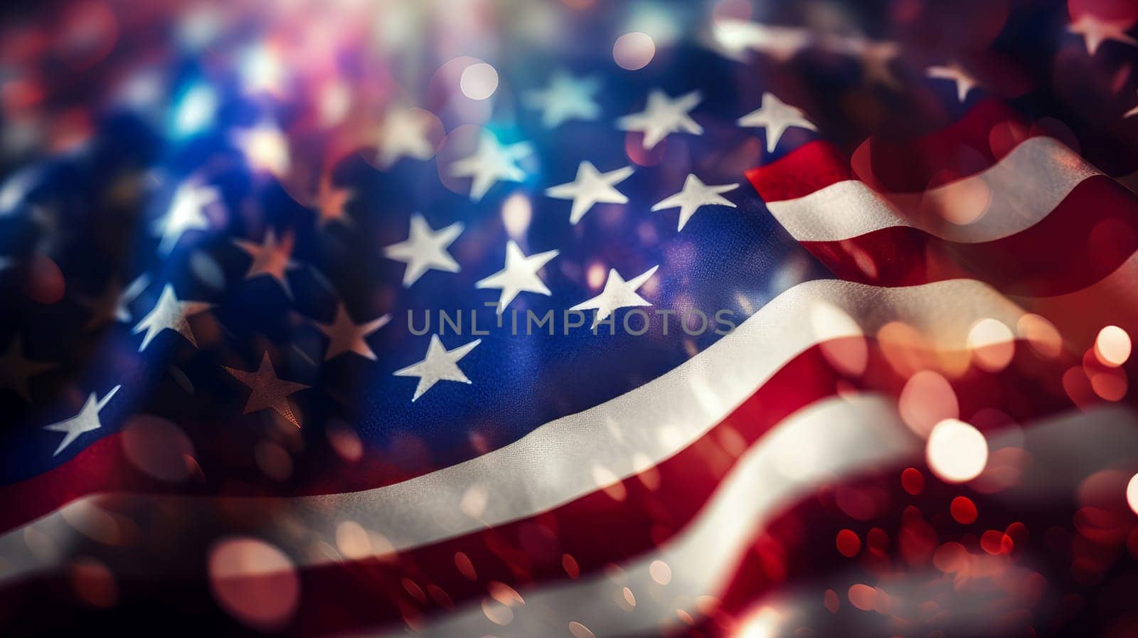 Festive salute, fireworks against the background of the flag of the United States of America. American President's Day, USA Independence Day, American flag colors background, 4 July, February holiday, stars and stripes, red and blue