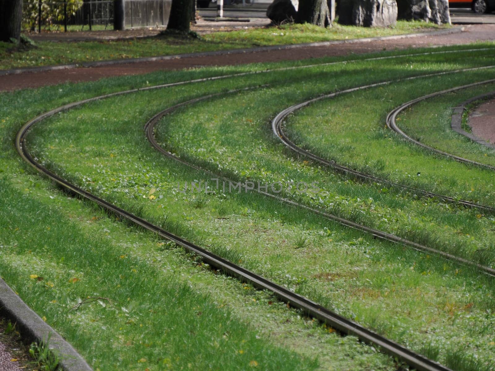 rail tracks with grass Amsterdam view on rainy day Netherlands