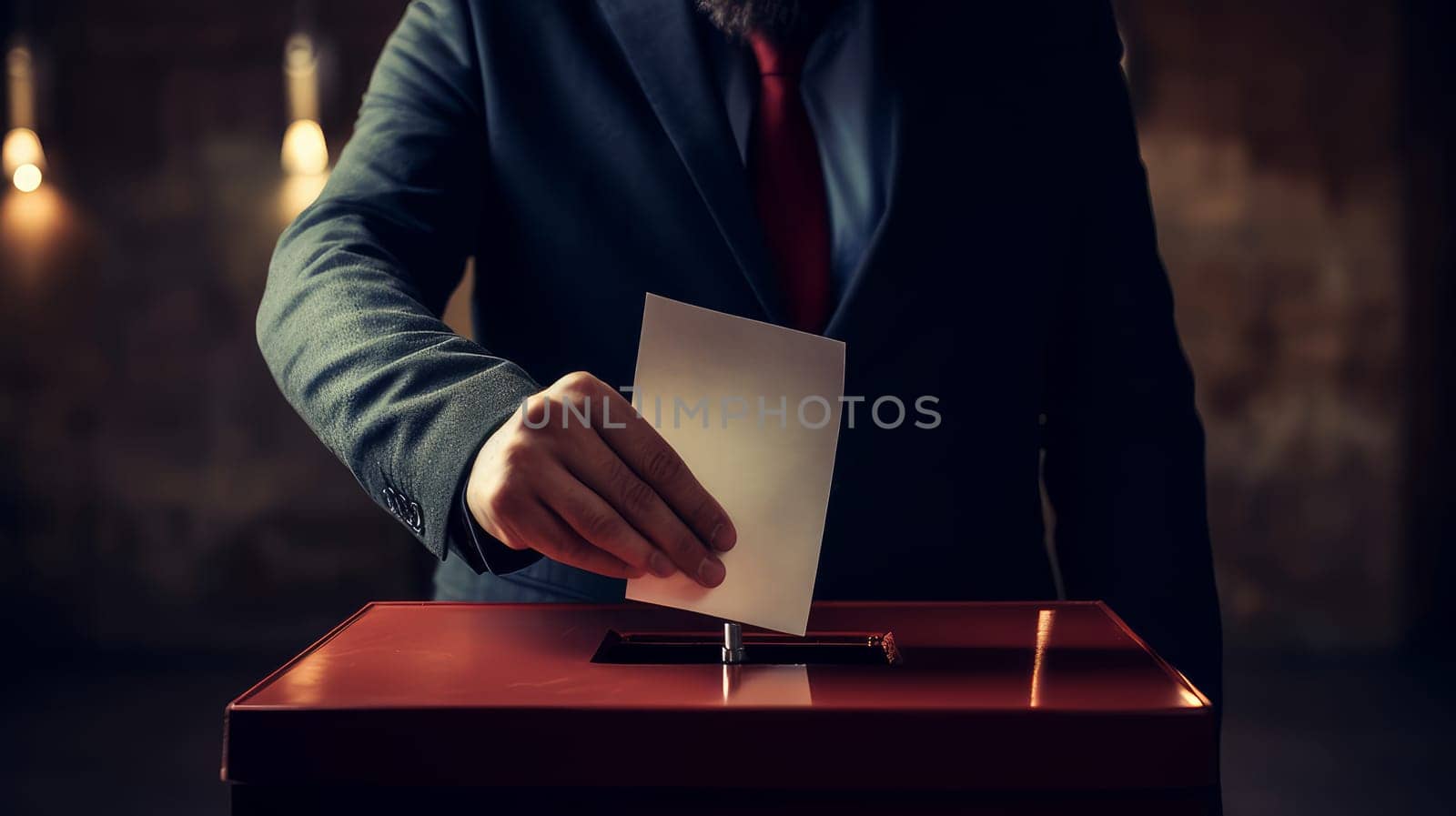 A man puts a ballot into the ballot box voting in the election. Awareness, decision making, choice