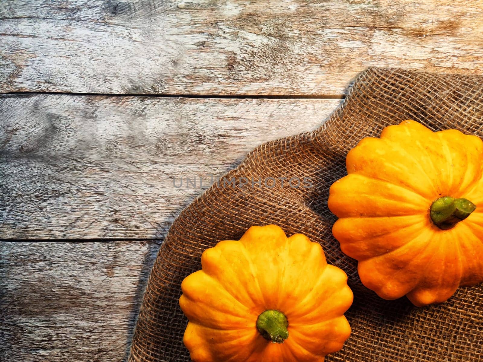 Yellow pattison on wooden boards of table and on fabric is sackcloth or burlap. Healthy Delicious Beautiful Vegetable in autumn. Abstract Background, texture, frame, place for text and copy space