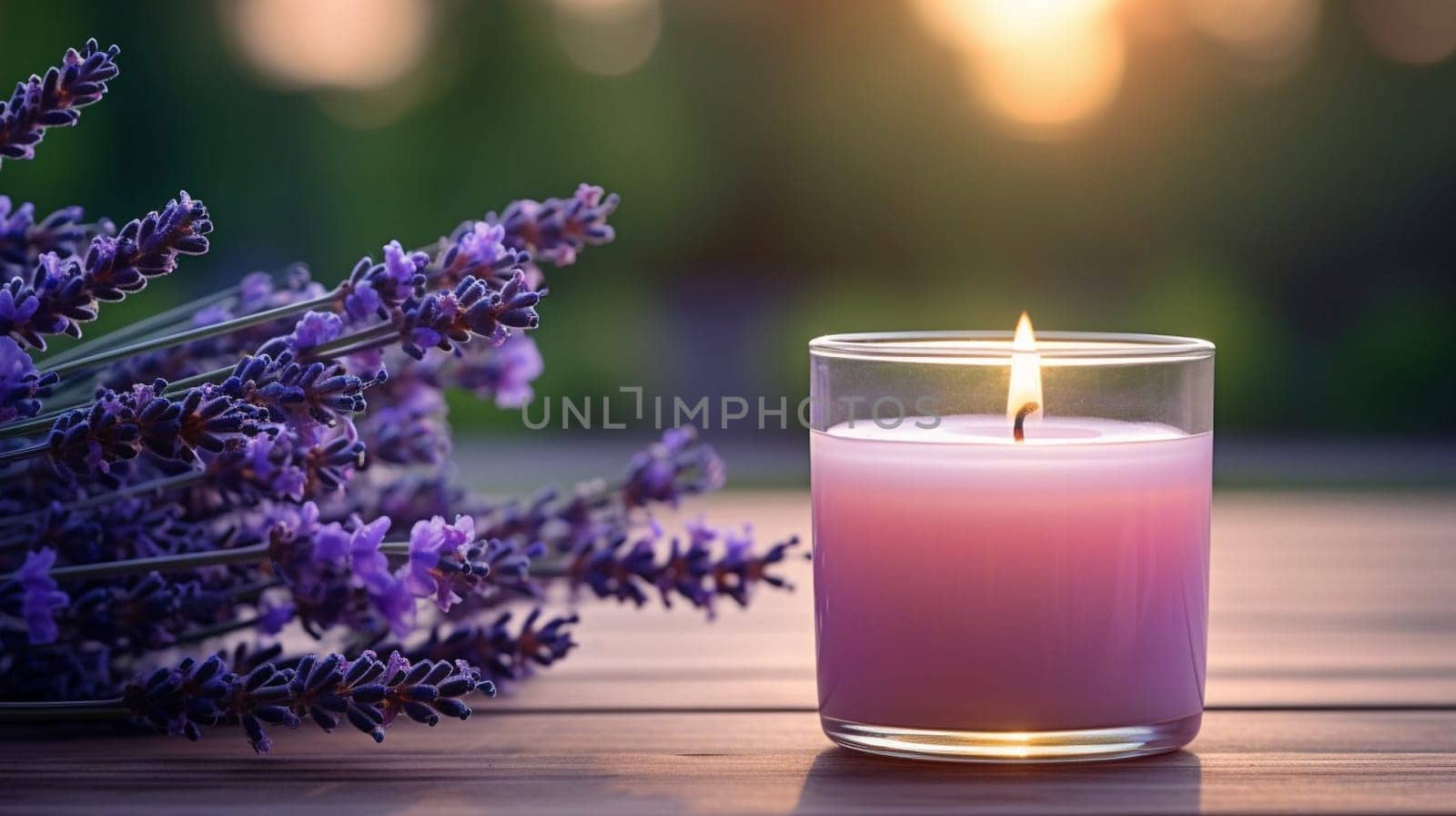 A burning candle and lavander flowers against the background of a garden. Self care concept. by kizuneko