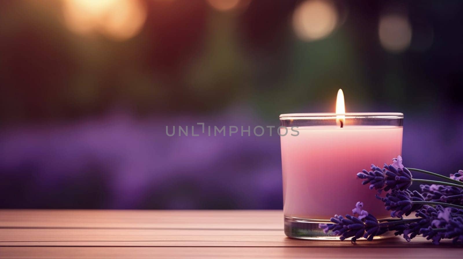 A burning candle and lavander flowers against the background of a garden. Banner with copy space. by kizuneko