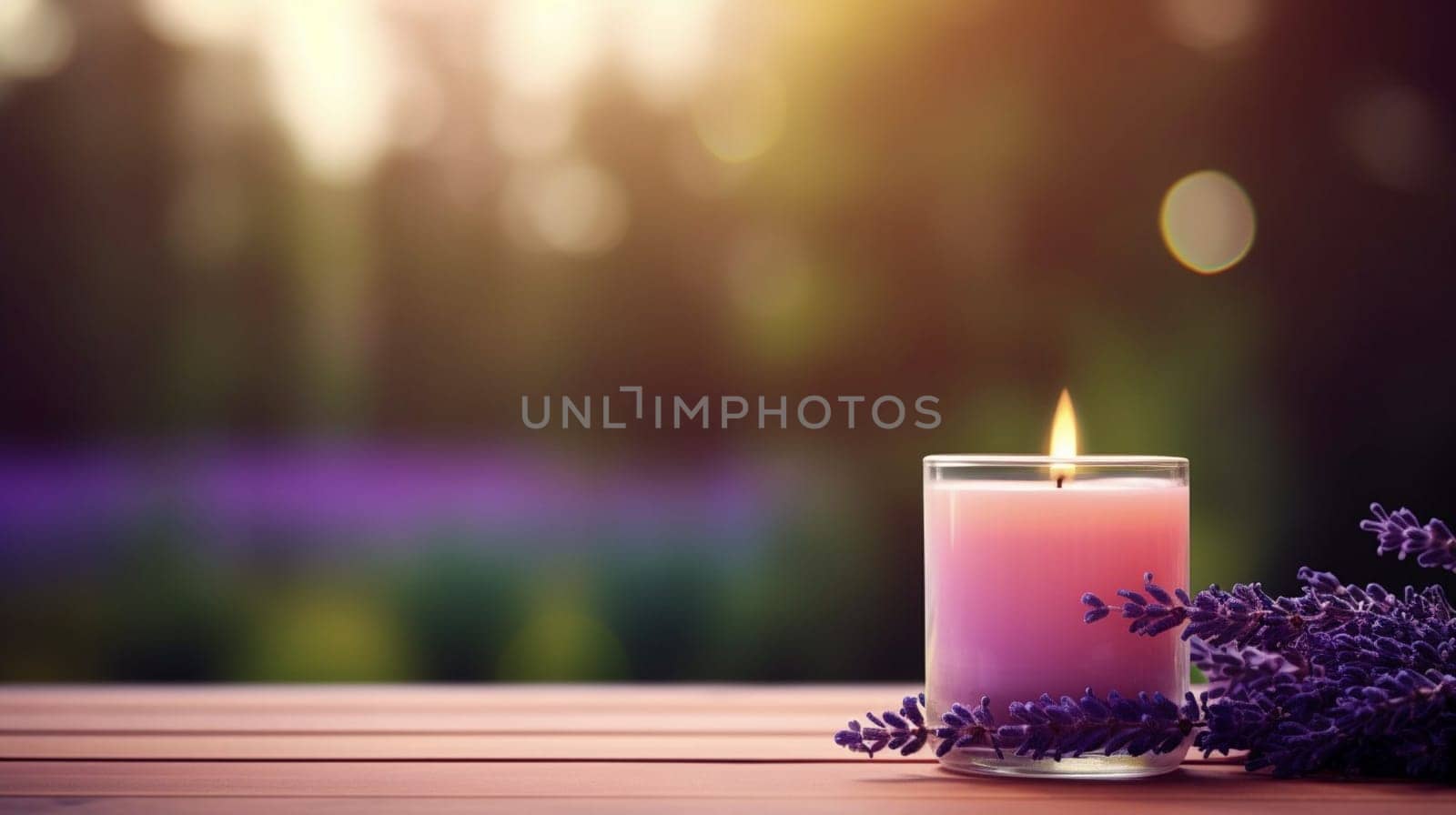 A burning candle and lavander flowers against the background of a garden. Banner with copy space. Self care and aromatherapy concept. High quality photo