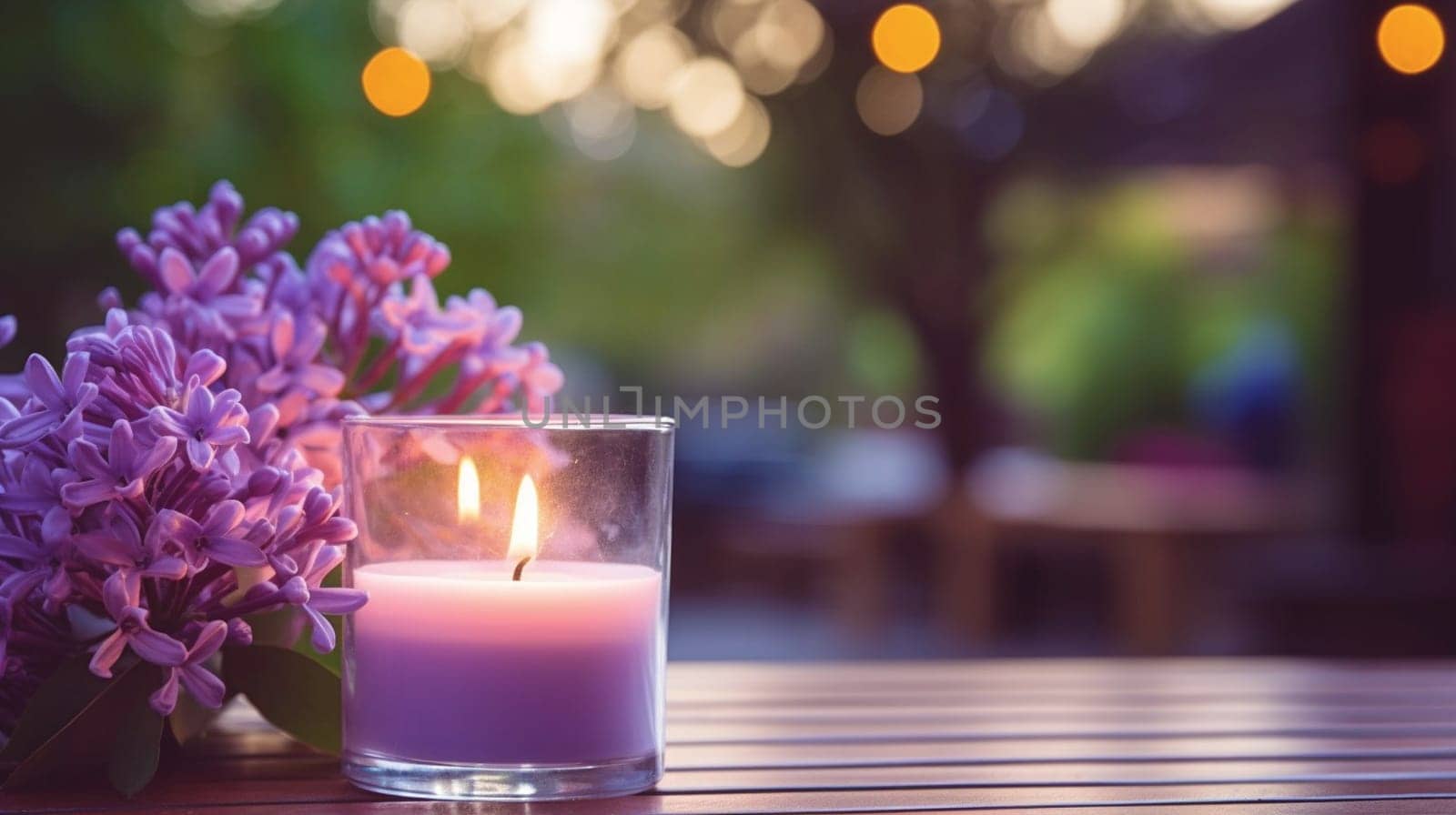 A burning candle and lilac flowers against the background of a garden. by kizuneko