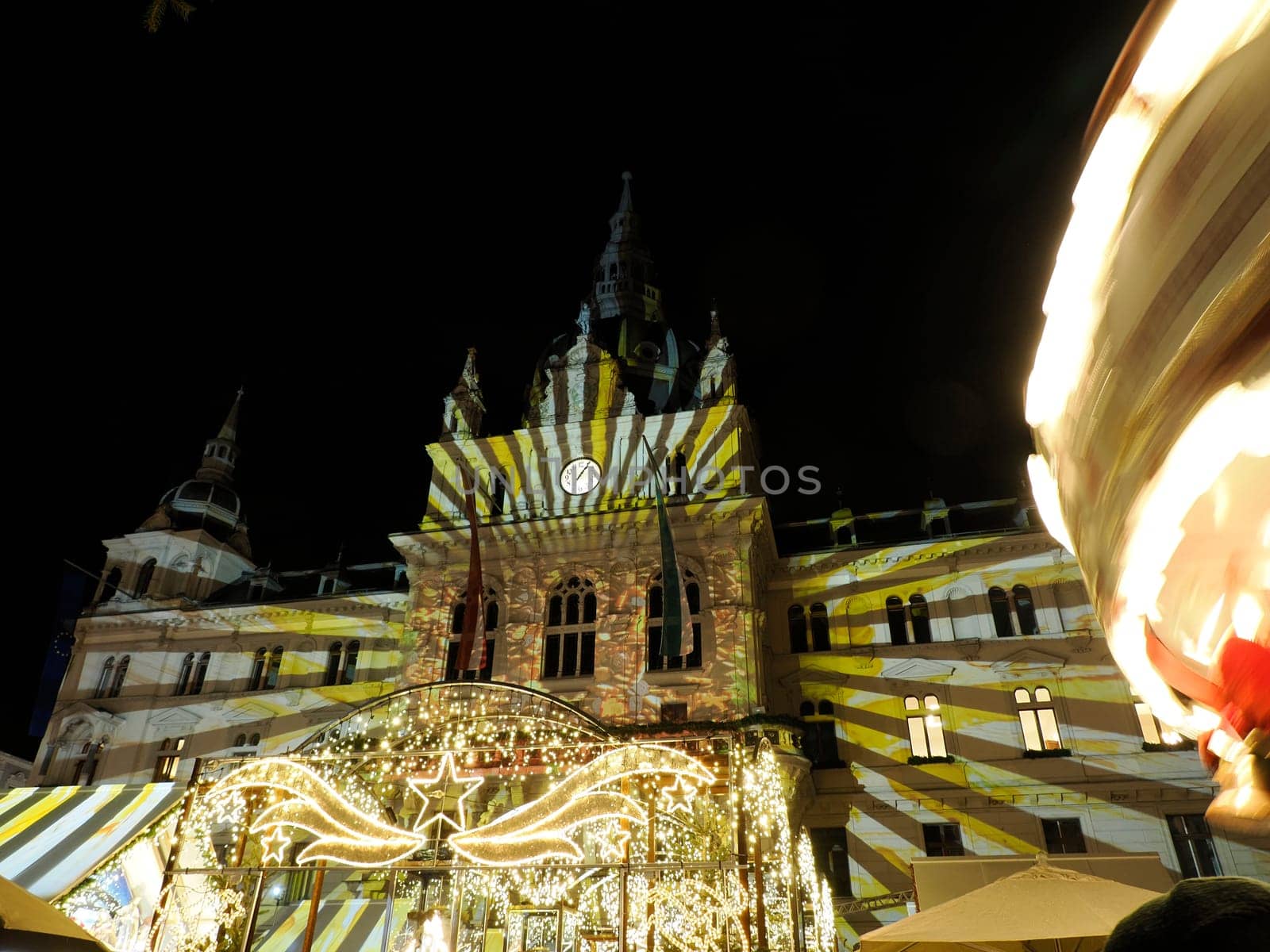 Decoration of Historical Centre buildings Graz Austria in winter season at night in christmas by AndreaIzzotti