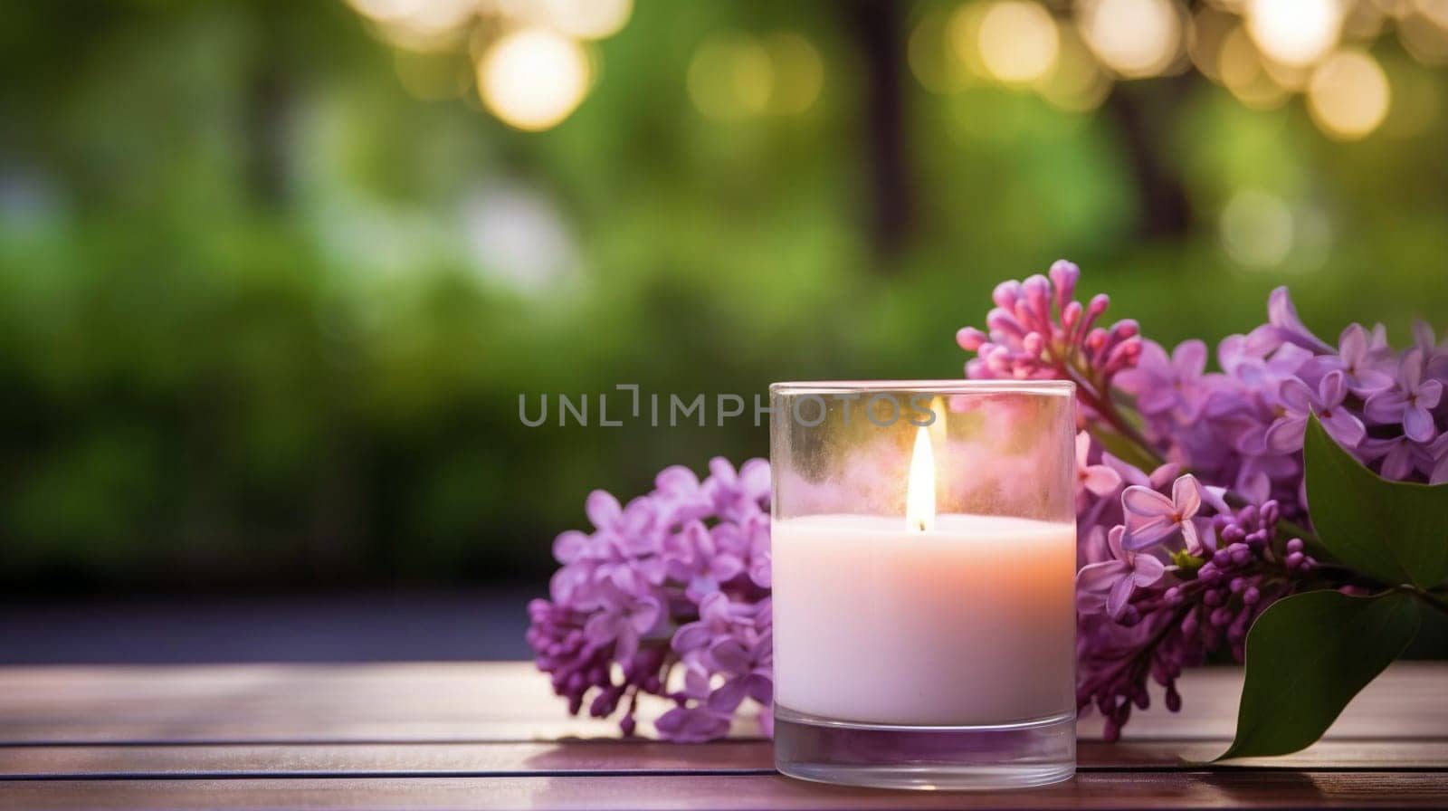 A burning candle and lilac flowers against the background of a garden. Banner with copy space. Self care and aromatherapy concept. High quality photo