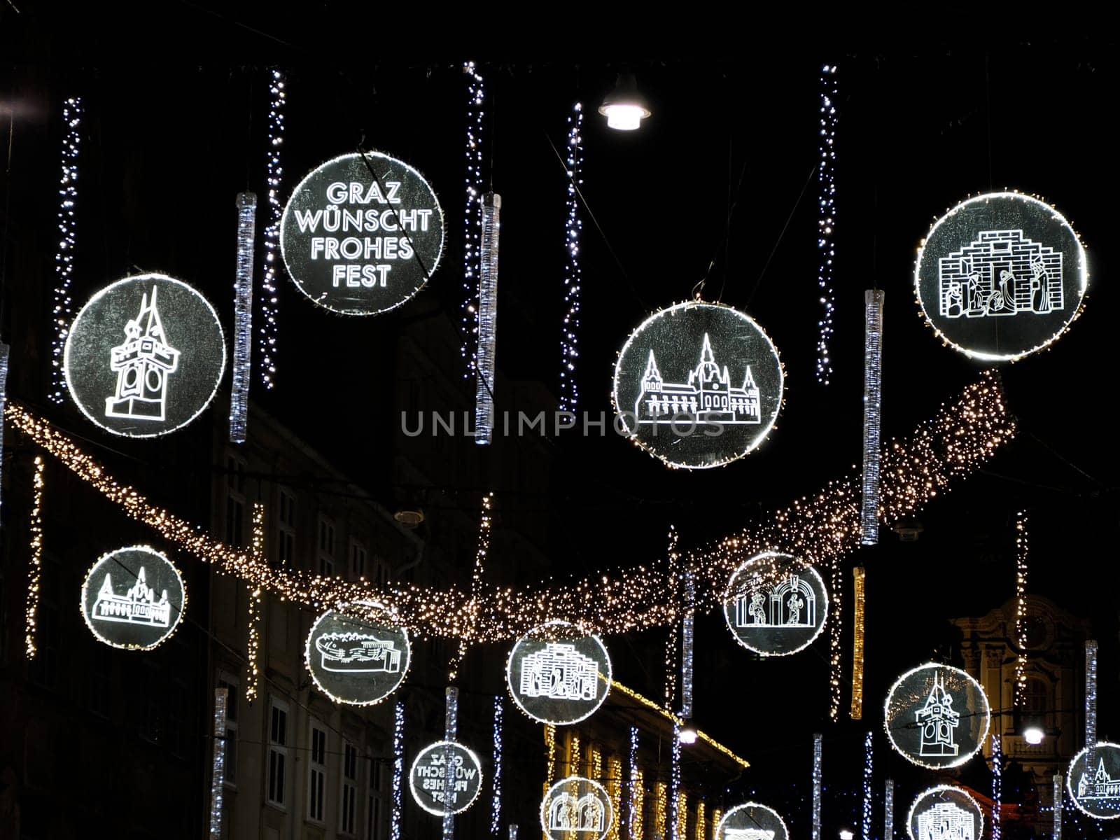 Decoration of Historical Centre buildings Graz Austria in winter season at night in christmas time