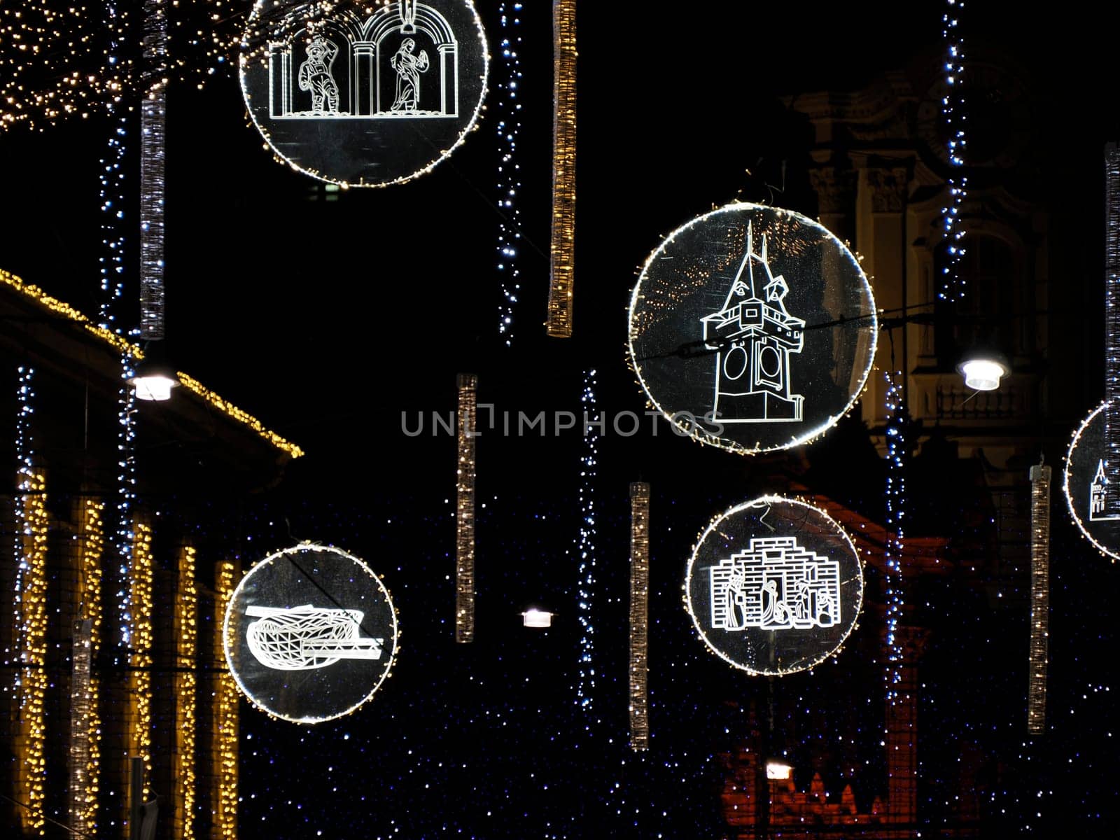Decoration of Historical Centre buildings Graz Austria in winter season at night in christmas by AndreaIzzotti